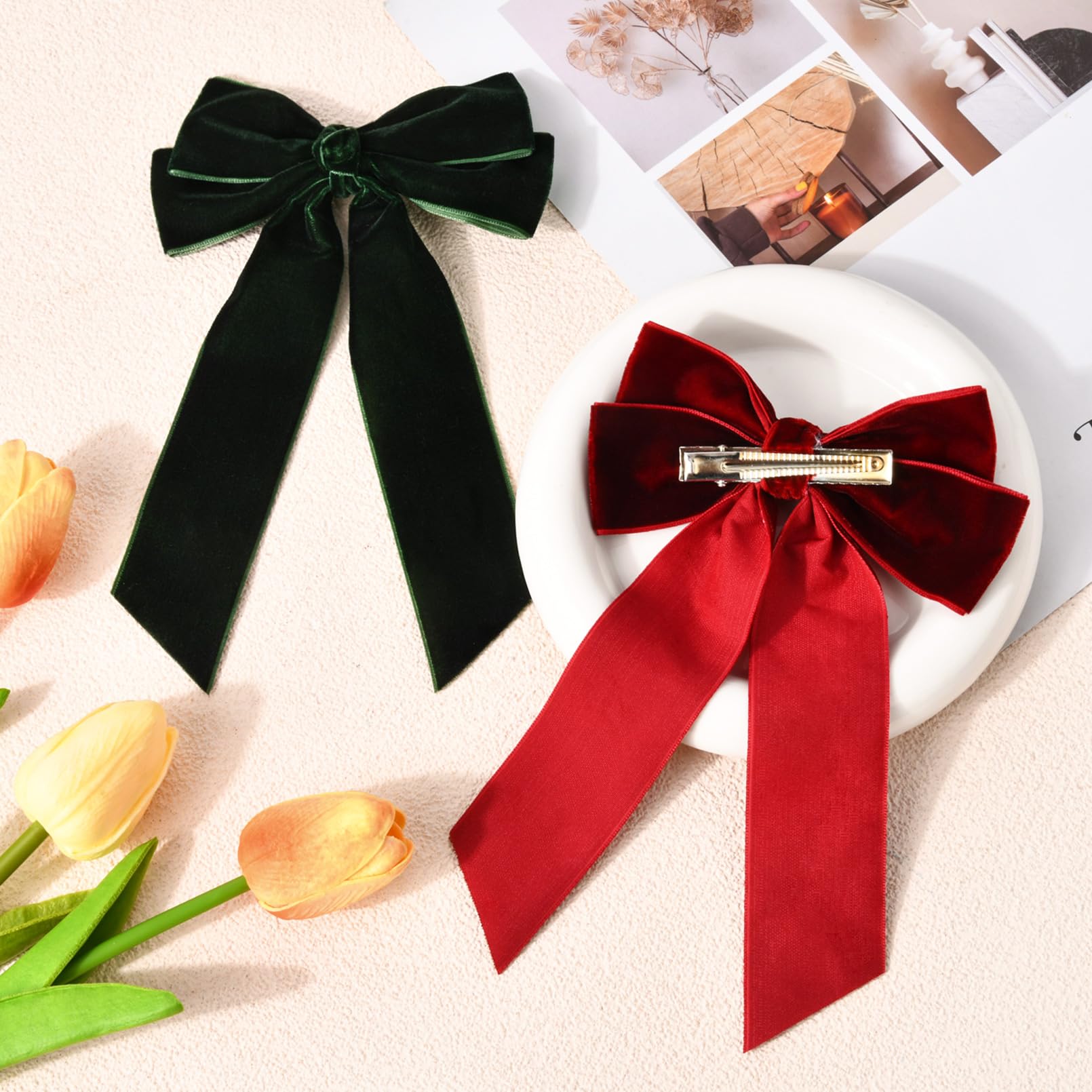 2PCS Velvet Hair Bows - Green & Wine Red Big Alligator Clips Hair Accessories for Women, Girls, Toddlers & Kids | Perfect for Fall Outfits, Parties & Daily Wear