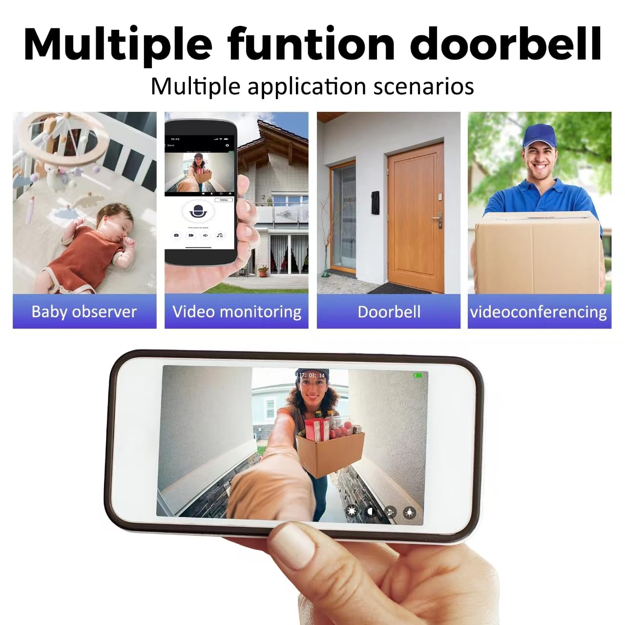 Smart Video Doorbell Wireless - 1080P HD Security Camera with Night Vision, 2-Way Audio, APP Remote Control & Free Cloud Storage - Rechargeable Battery for Home Security (Front Door, Apartment, Office)