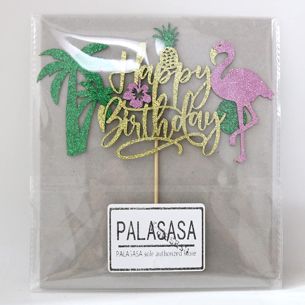 PALASASA Glitter Flamingo Happy Birthday Cake Topper - Tropical Pineapple Hawaiian Luau Theme Party Decorations for Kids, Boys & Girls | Perfect for Birthday Cakes, Cupcakes & Tropical Themed Parties