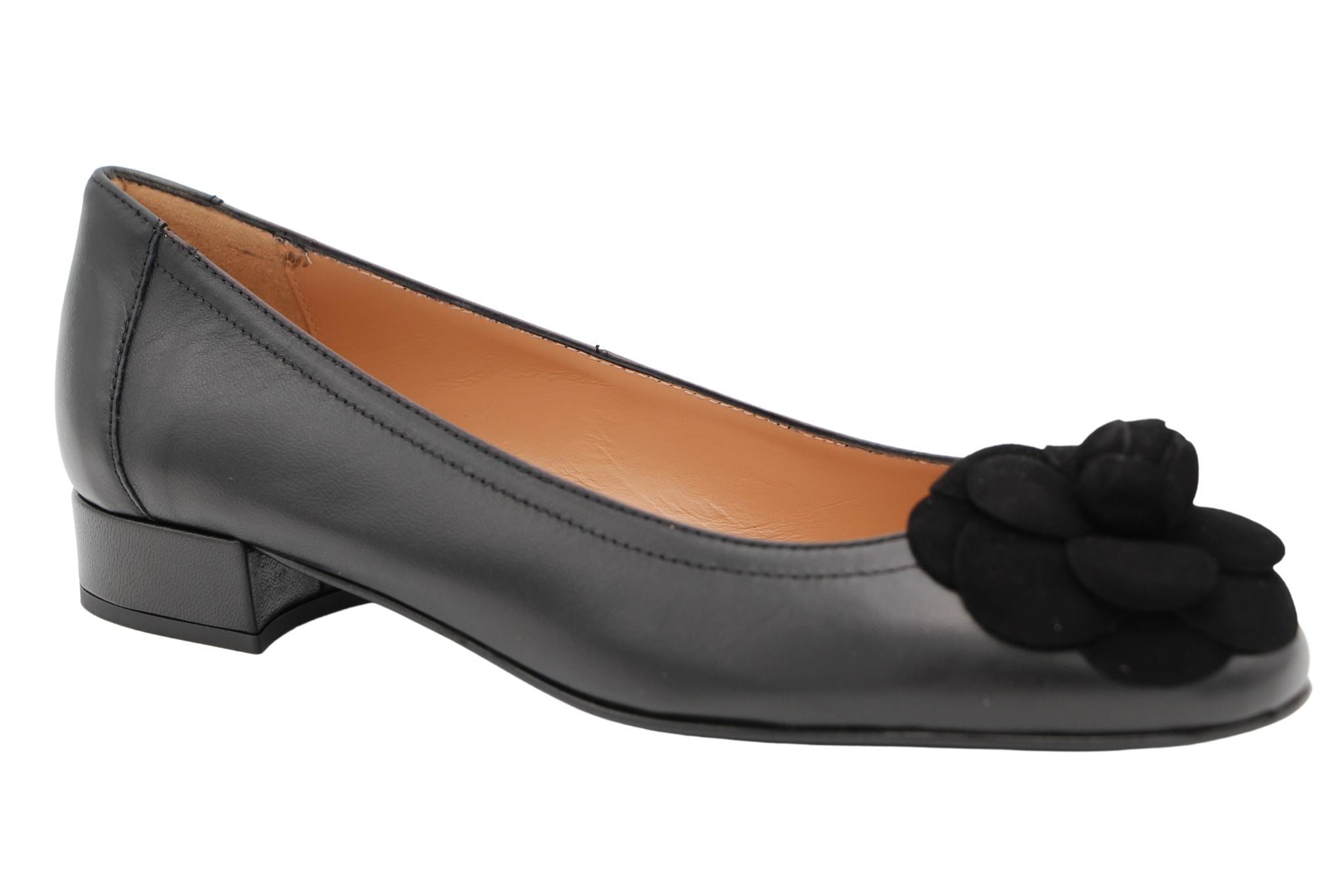 Fabucci Women's Black Leather Ballet Flats with Floral Embellishment - Comfortable Slip-On Shoes for Work, Travel & Casual Wear