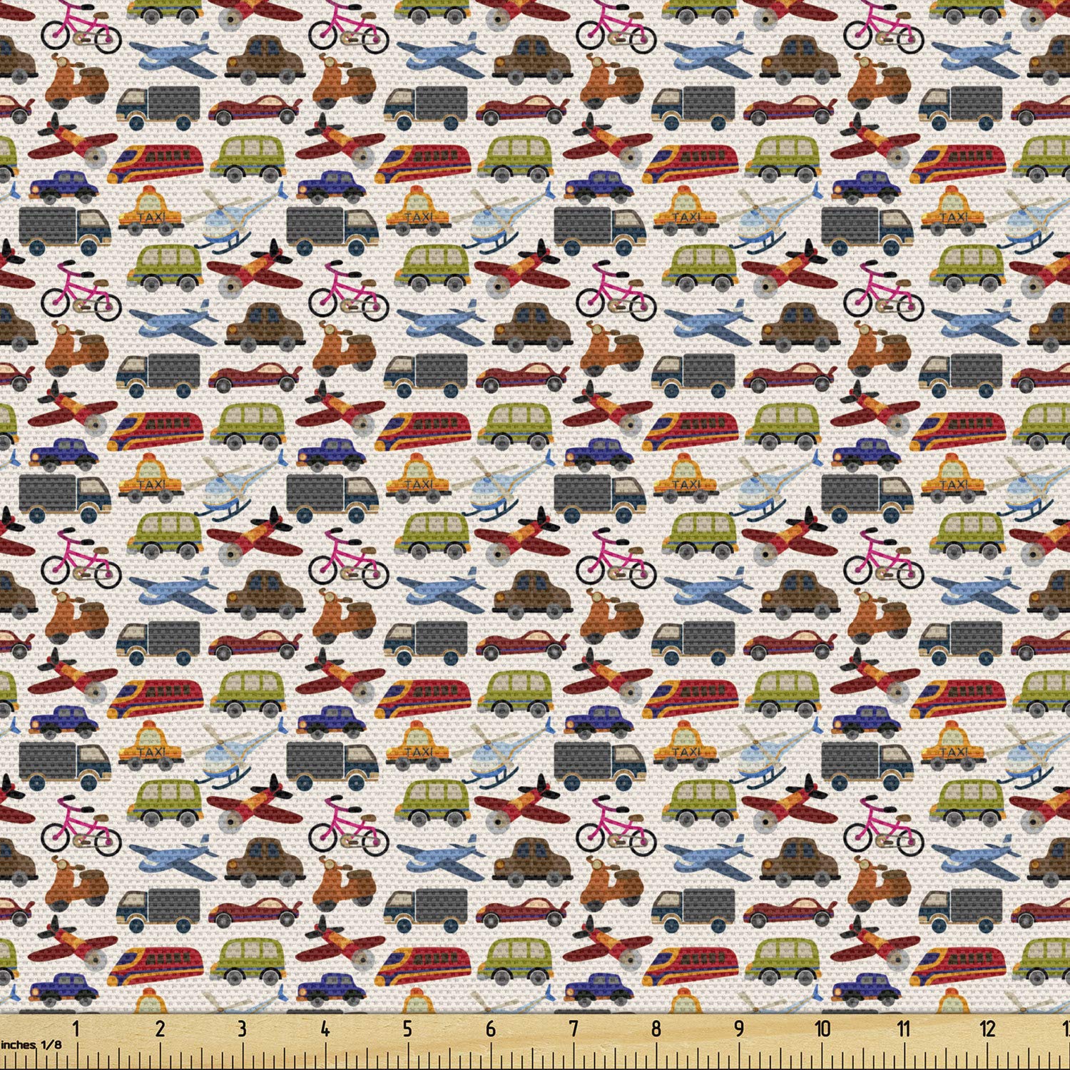 Lunarable Cartoon Fabric by The Yard - Planes, Bikes, Cars, Trucks, Train, Taxi, Motorcycle, Bus, Crane Engine Print | Decorative Upholstery Fabric for DIY Home Decor, Curtains & Pillows | 10 Yards Orange Green Fabric for Kids Room & Nursery Decor