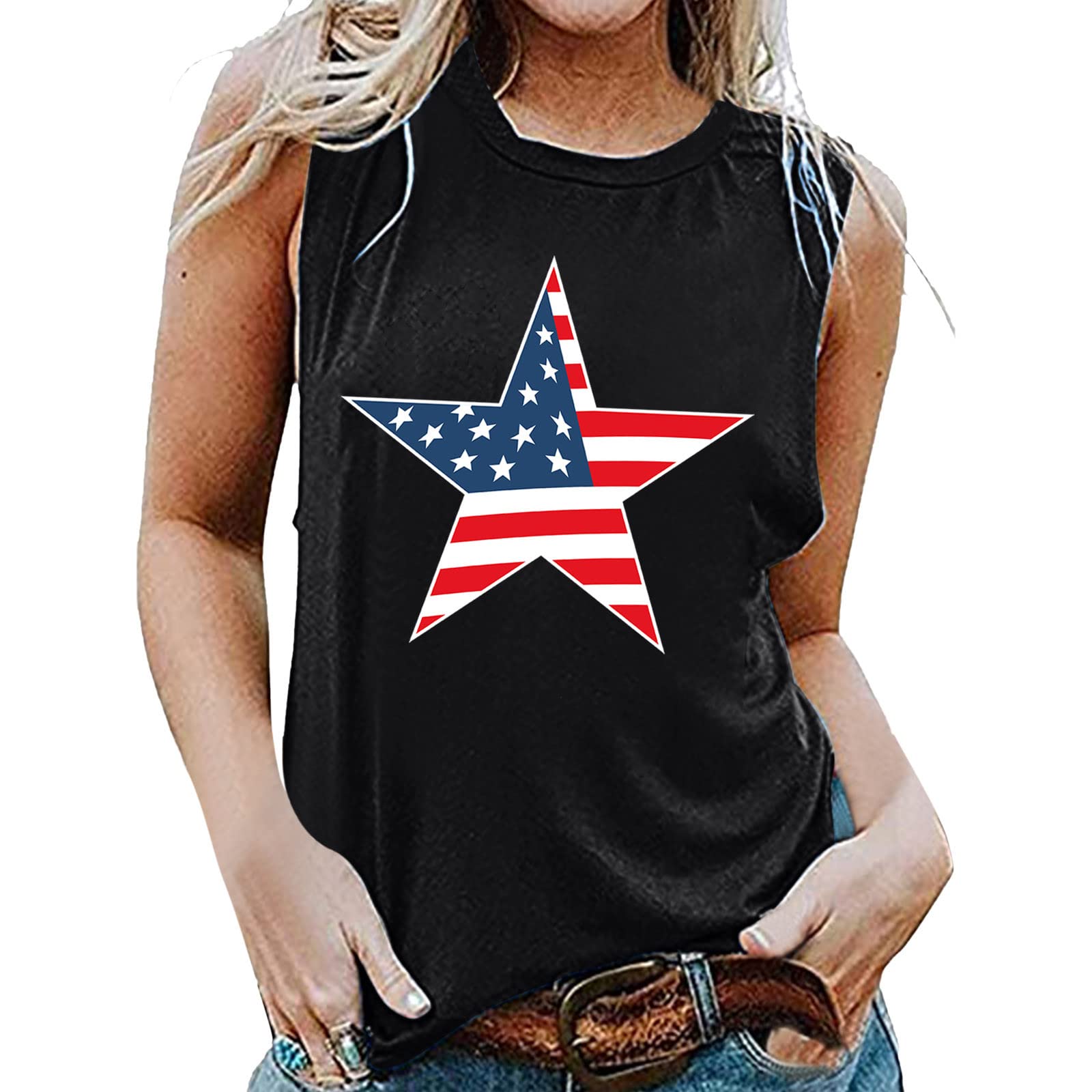 Women's Sleeveless Round Neck Printed Tank Top - Casual Summer T-Shirt for Independence Day (Black, XL) | Perfect for Beach Outings, Picnics, and 4th of July Celebrations