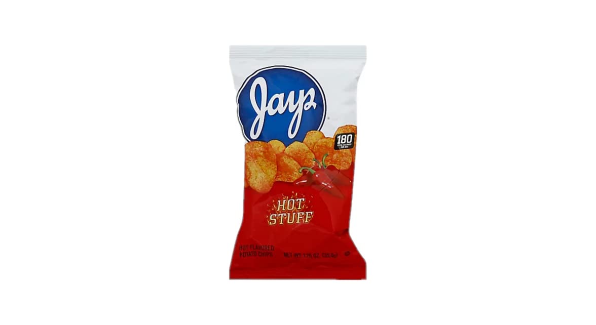 Jay's Hot Stuff Potato Chips - Chicago Style Spicy Snack (24 Pack, 1.25 Oz Bags) - Perfect for Parties, Game Nights & Office Snacking