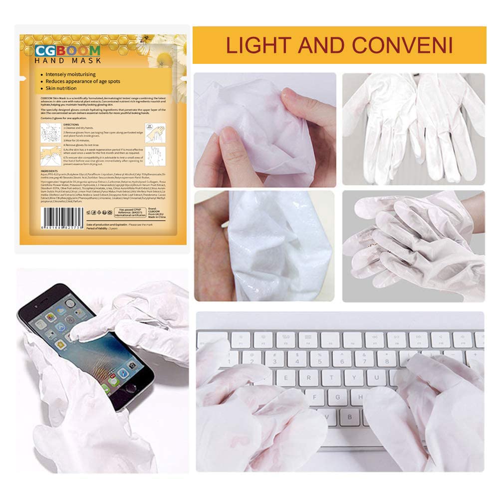 CGBOOM 5 Pairs Moisturizing Hand Masks with Collagen, Vitamins & Natural Extracts - Honey Milk Formula for Dry, Cracked & Aging Hands - Perfect for Overnight Treatment, Spa Day & Winter Hand Care