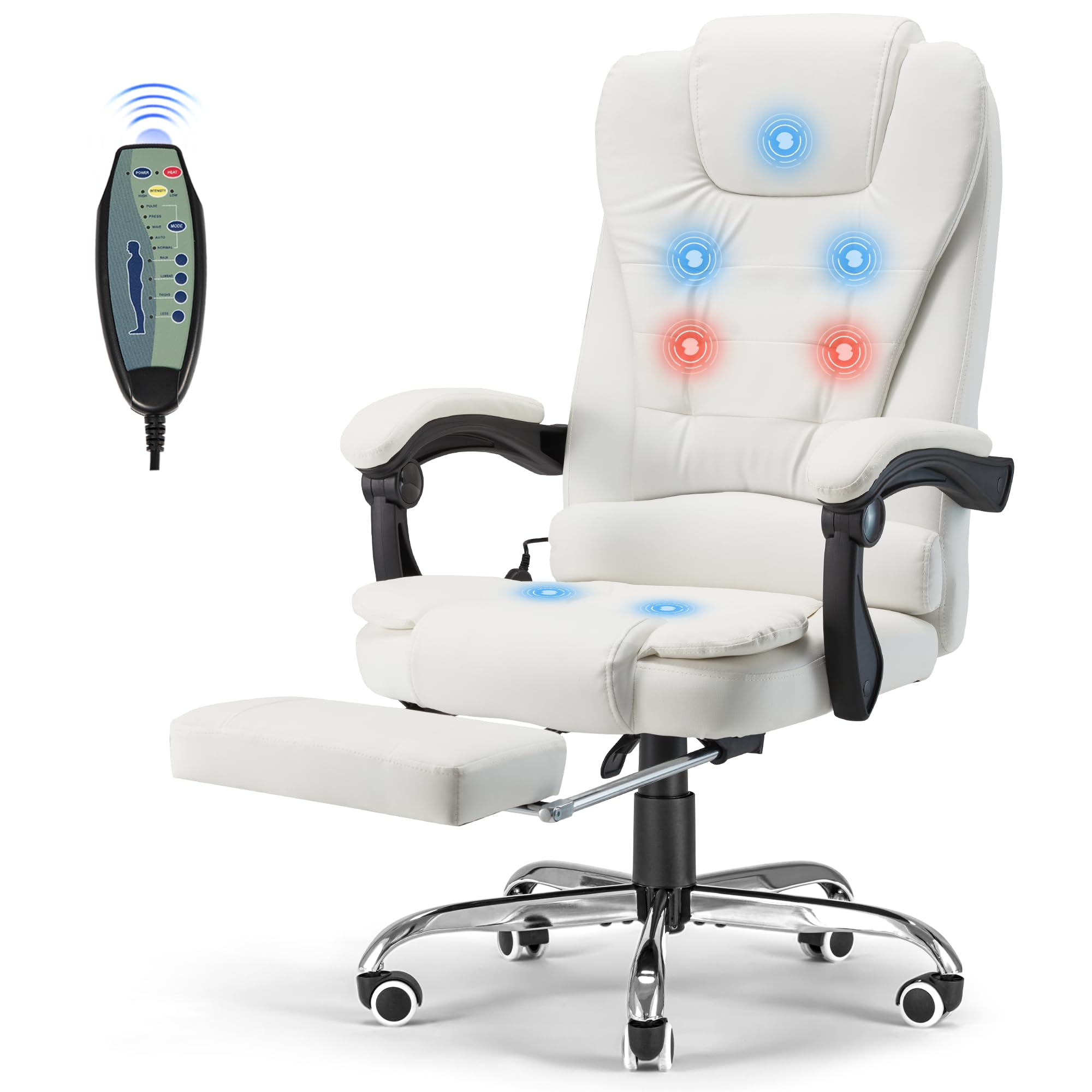 Esright Heated Massage Executive Office Chair with Footrest - High Back Reclining Swivel Leather Computer Desk Chair in Cream White - Perfect for Home Office, Gaming & Relaxation
