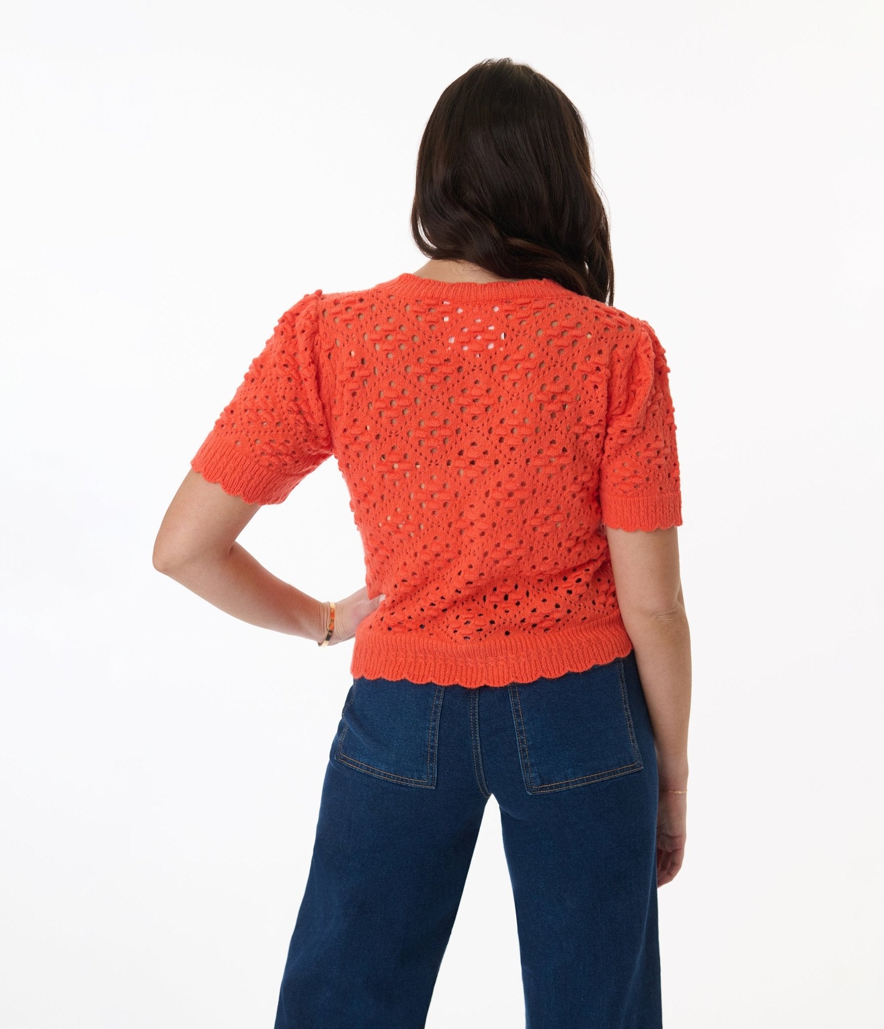 Orange Cropped Pointelle Cardigan for Women - Soft Knit Lightweight Sweater - Perfect for Spring & Summer Layering, Casual Outfits, and Office Wear