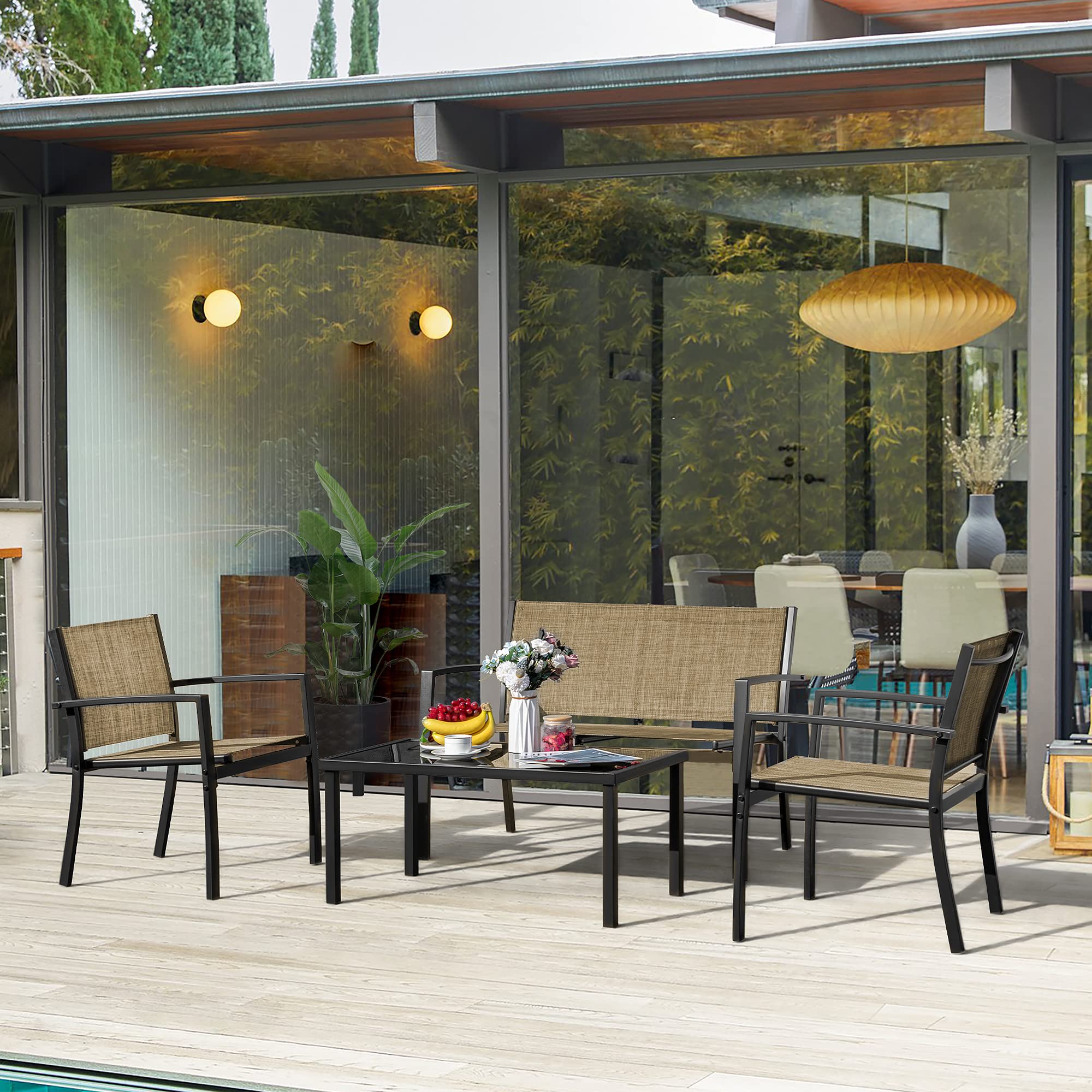 Rankok 4-Piece Modern Outdoor Patio Furniture Set - Textilene Wicker Conversation Set with Loveseat & Coffee Table - Durable All-Weather Patio Chairs for Porch, Lawn, Poolside, Balcony & Backyard (Beige) | Perfect for Outdoor Entertaining, Relaxation & Pool Areas