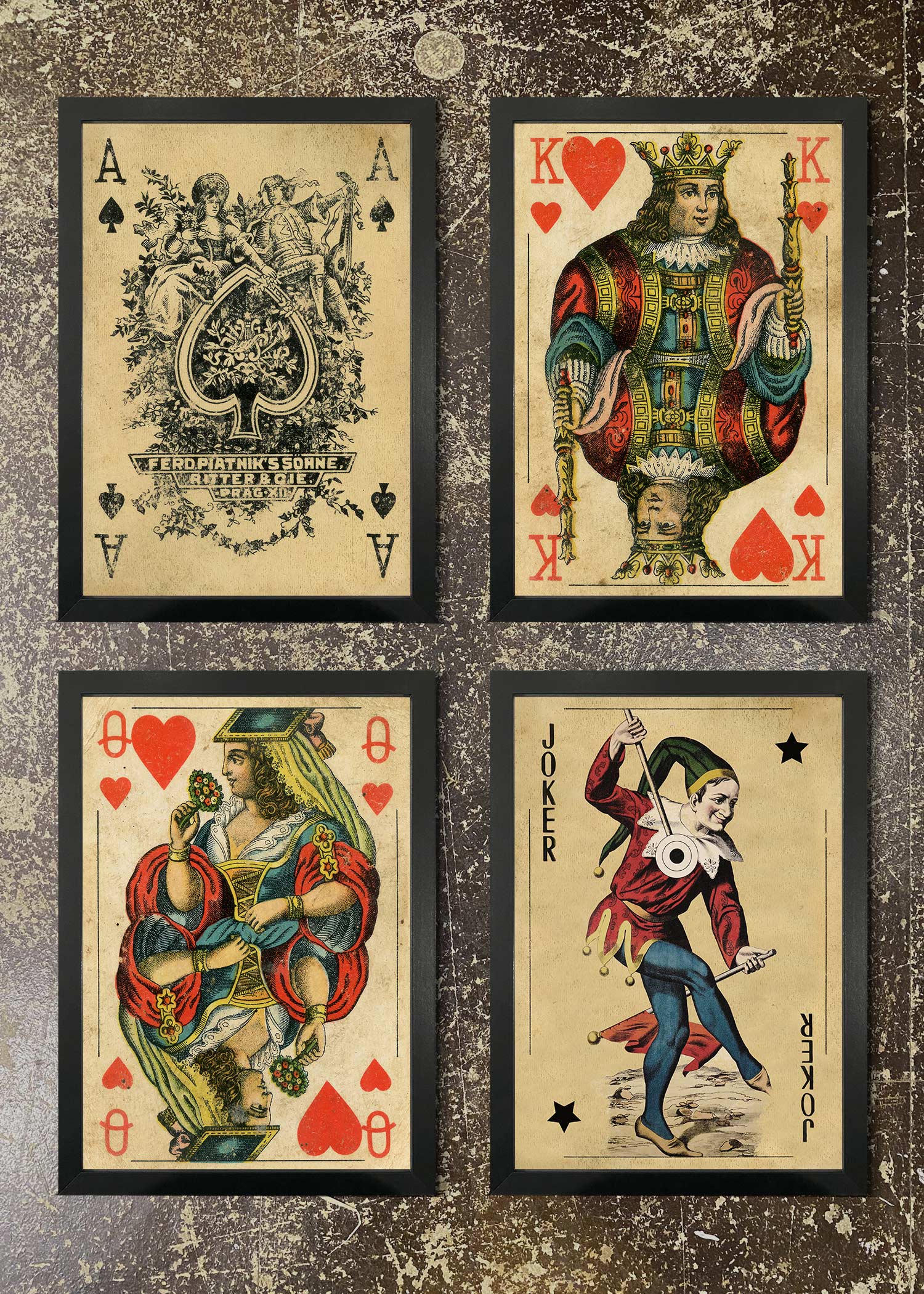4 Premium Playing Card Prints & Frames Set - Classic Card Game Wall Art Decor for Home, Office & Game Room Decorations