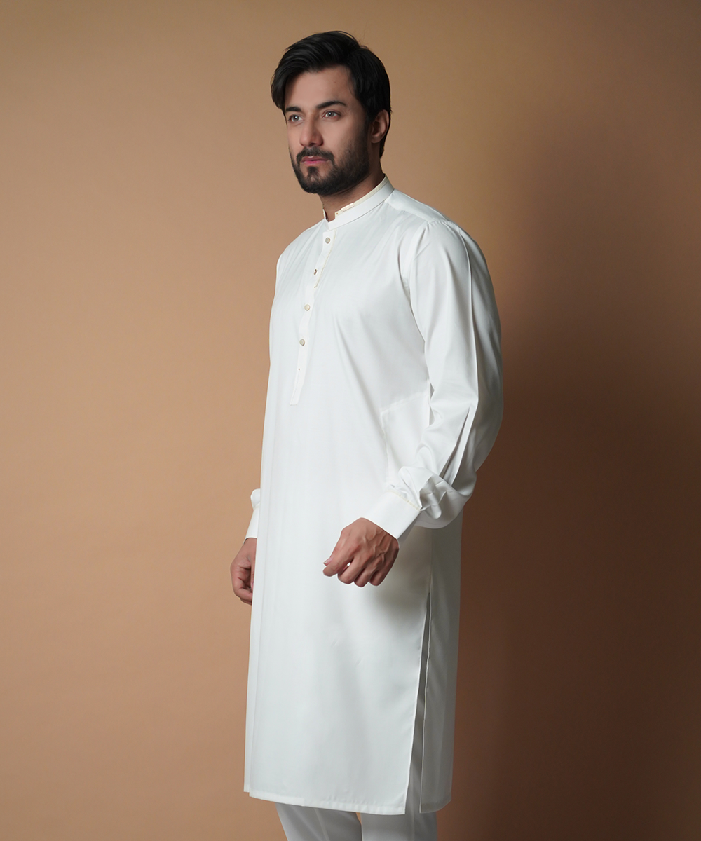 Elegant Classic Ivory Kurta & Pyjama Set with Gold Embellishments for Men - Perfect for Festivals, Weddings & Special Occasions