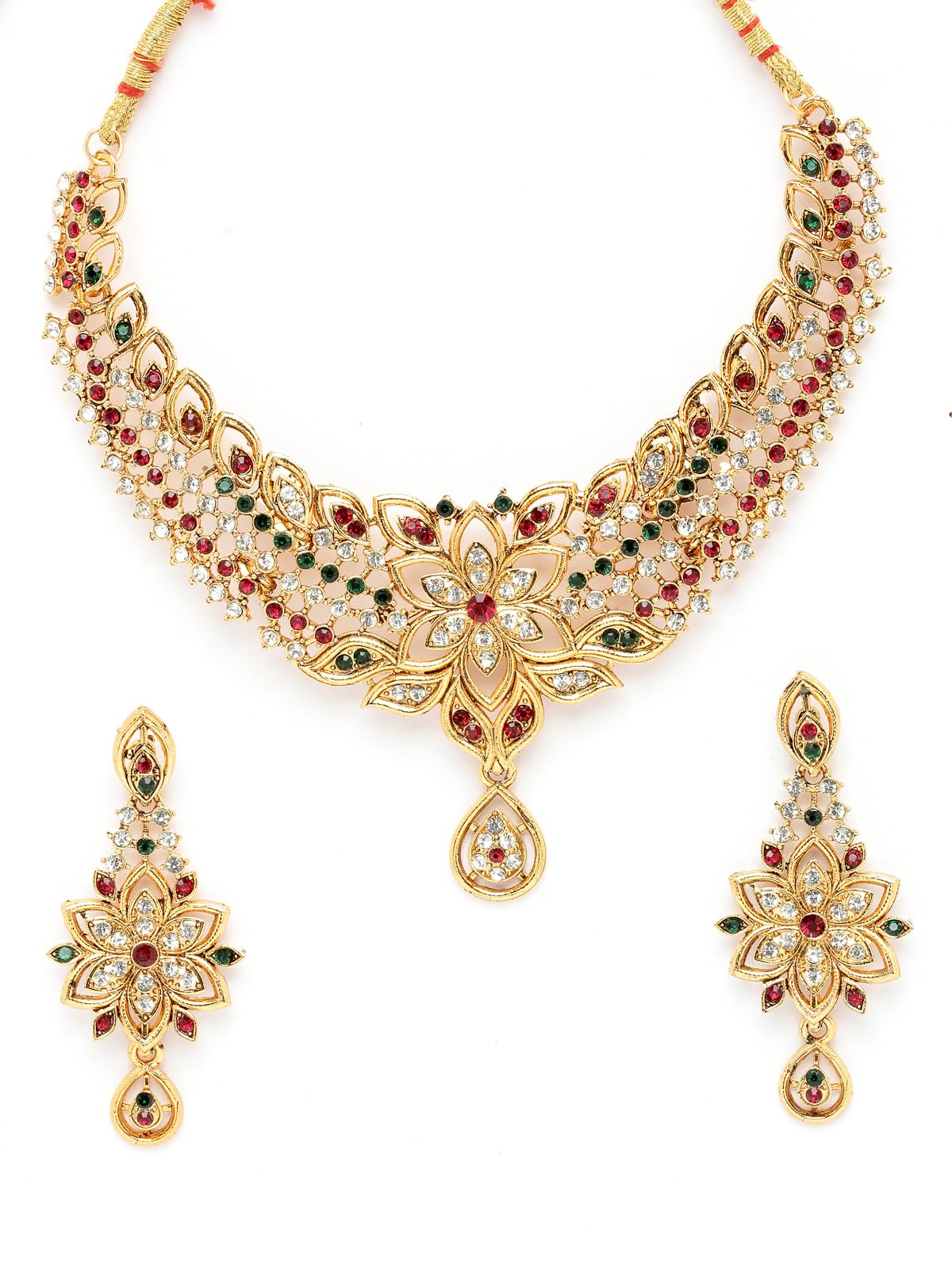 Elegant Gold Plated Multicolor AD Stone Collar Bone Necklace & Earrings Set for Women | Fashion Jewelry Gift for Party, Wedding & Evening Occasions (NS105515)