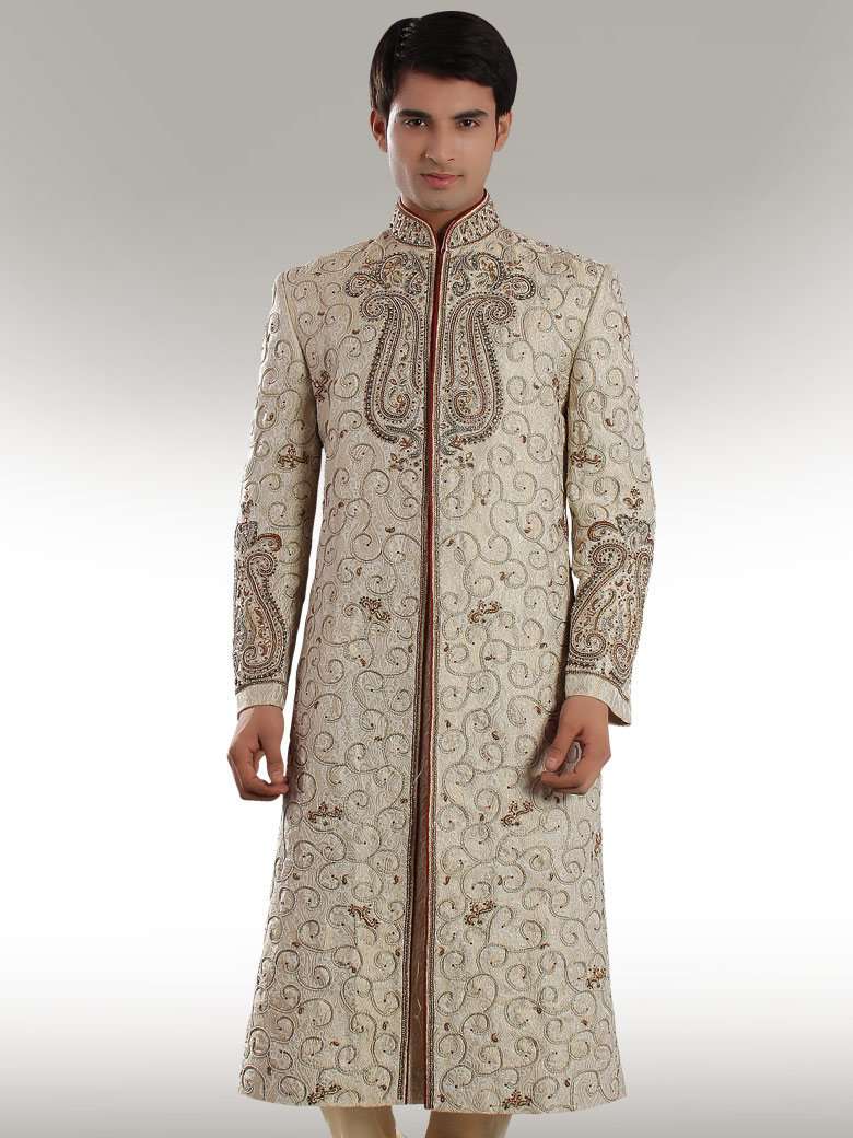 Elegant Heavy Embroidered Beige Sherwani for Men | Traditional Indian Wedding Attire | Perfect for Grooms, Festivals & Special Occasions