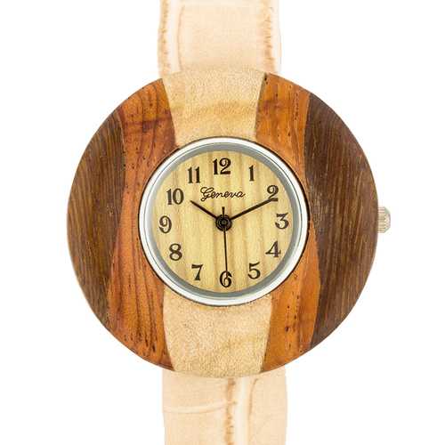 Brenna Beige Wood-Inspired Leather Cuff Watch for Women - Stylish Casual & Office Accessory - Perfect for Everyday Wear and Gift Giving