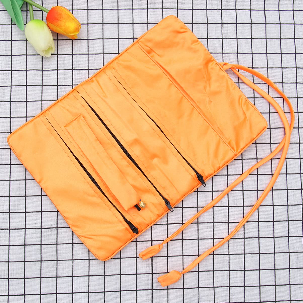 Zerodeko Jewelry Roll Bag - Silk Embroidery Brocade Travel Jewelry Organizer Pouch for Necklaces, Bracelets, Earrings & Rings with Secure Tie Closure (Orange) - Perfect for Travel, Gifts & Daily Jewelry Storage