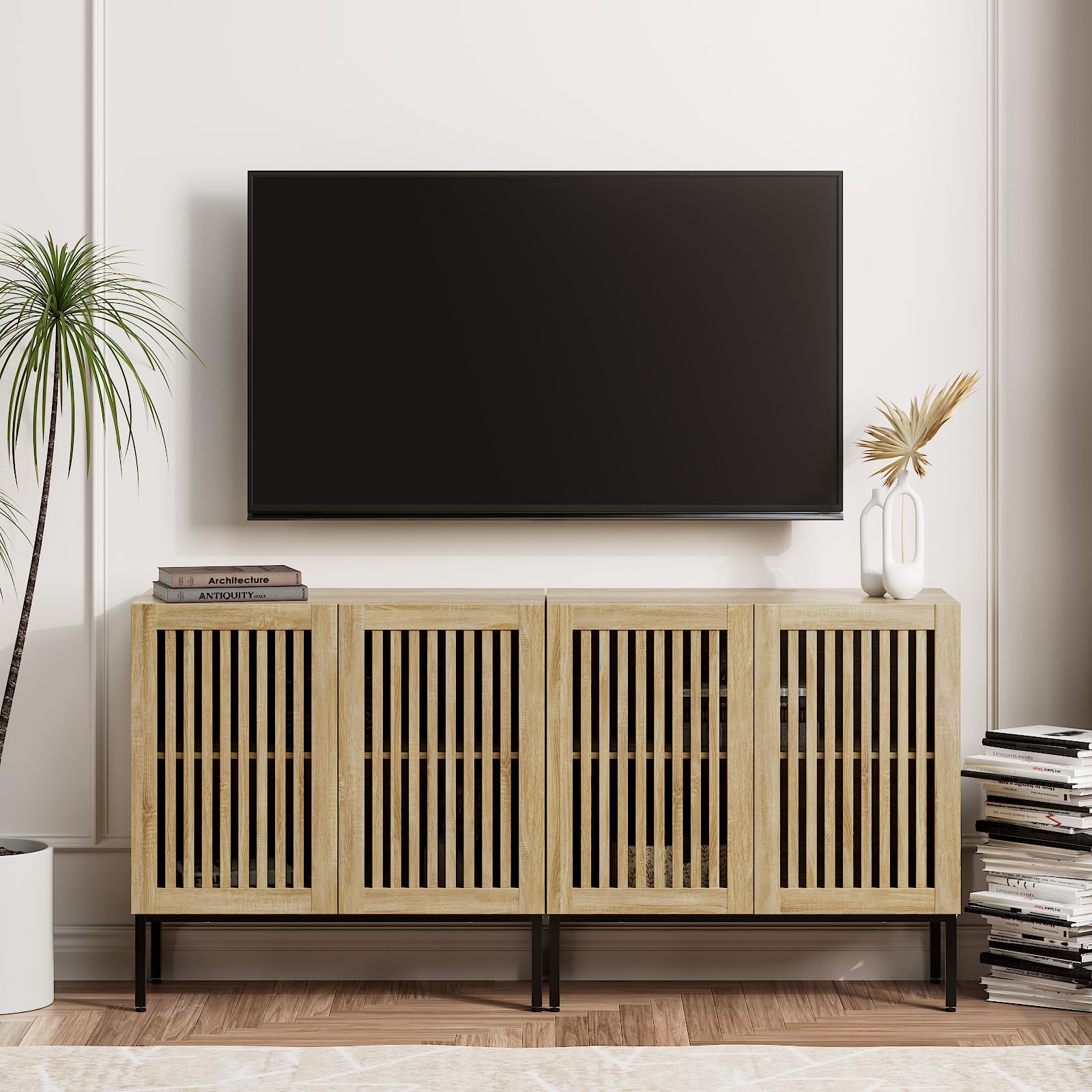 Farmhouse TV Stand for 70 Inch TVs - 2-in-1 Entertainment Center with Storage Cabinets & Metal Base, Oak Media Console for Living Room - Perfect for Home Theater Setup & Living Room Organization