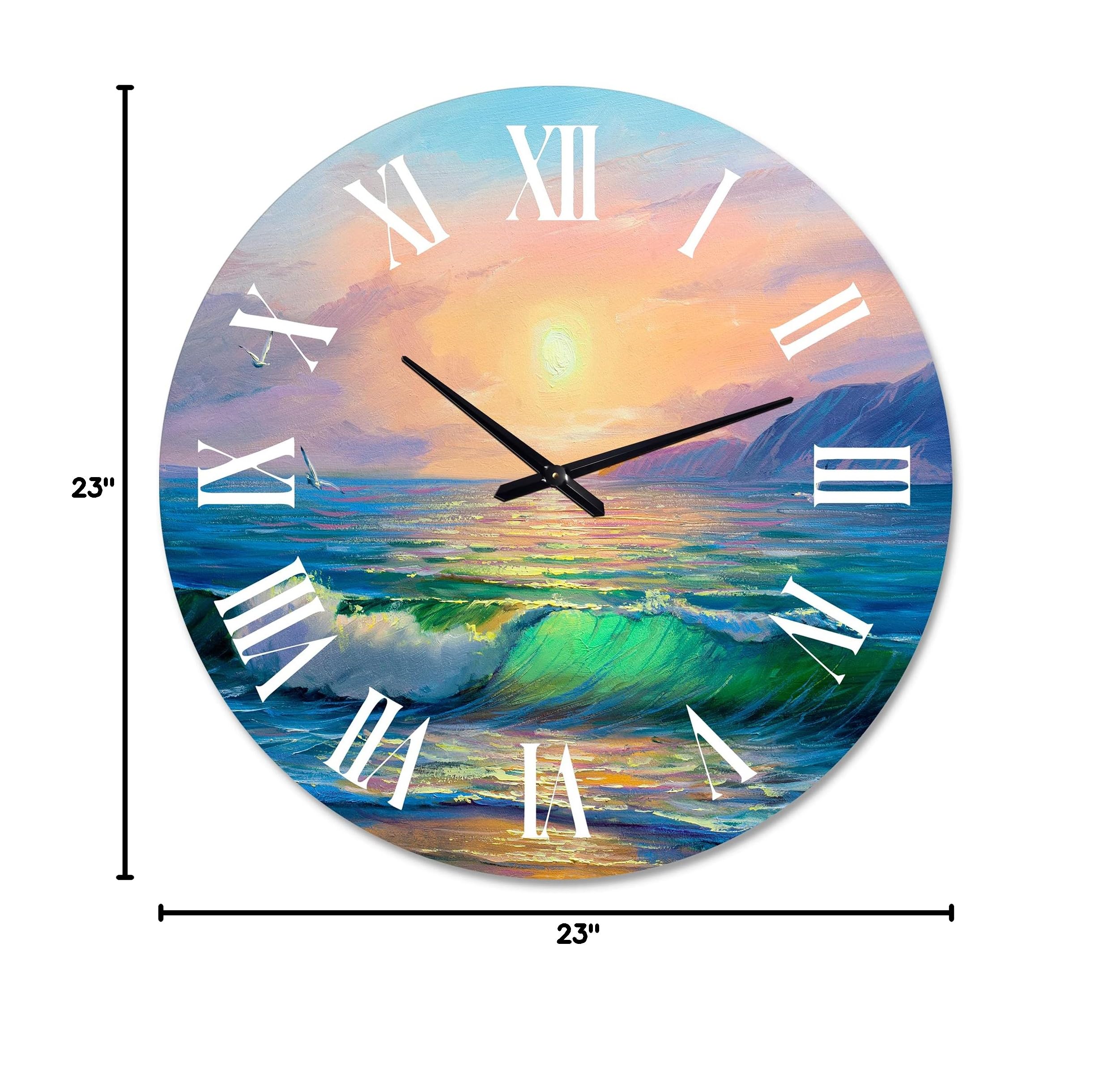 DesignQ Nautical Coastal Wall Clock - Blue Waves Beach Theme Round Clock for Home & Office Decor | Perfect for Living Room, Bedroom, or Coastal Style Interior Design