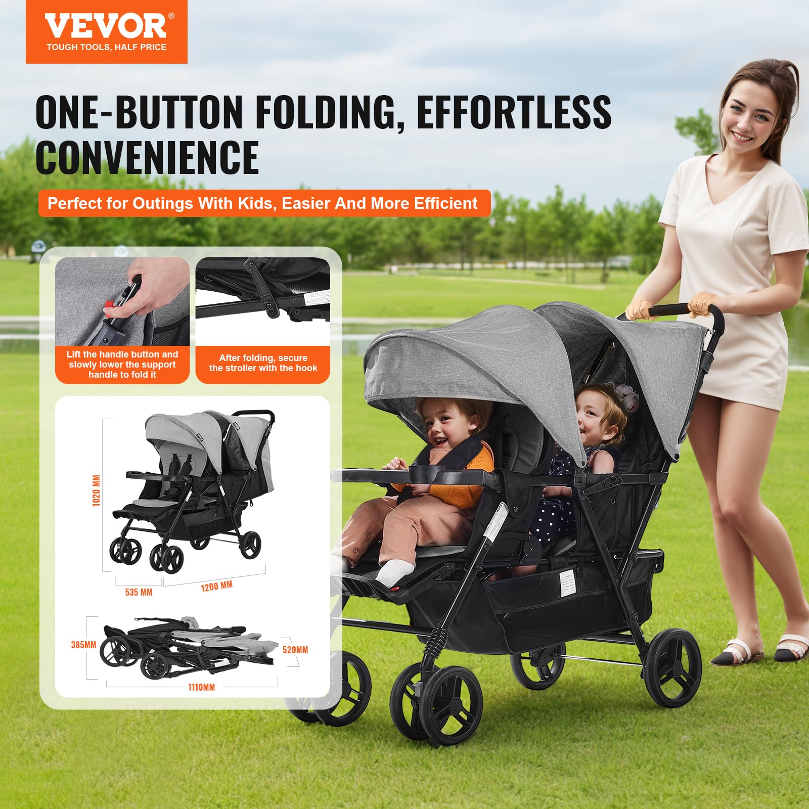 VEVOR Double Stroller for Toddlers - Lightweight Side by Side Baby Stroller with Adjustable Canopy & Storage Basket - Perfect for Twins, Siblings, or Daycare Use at Parks, Malls, and Outdoor Adventures