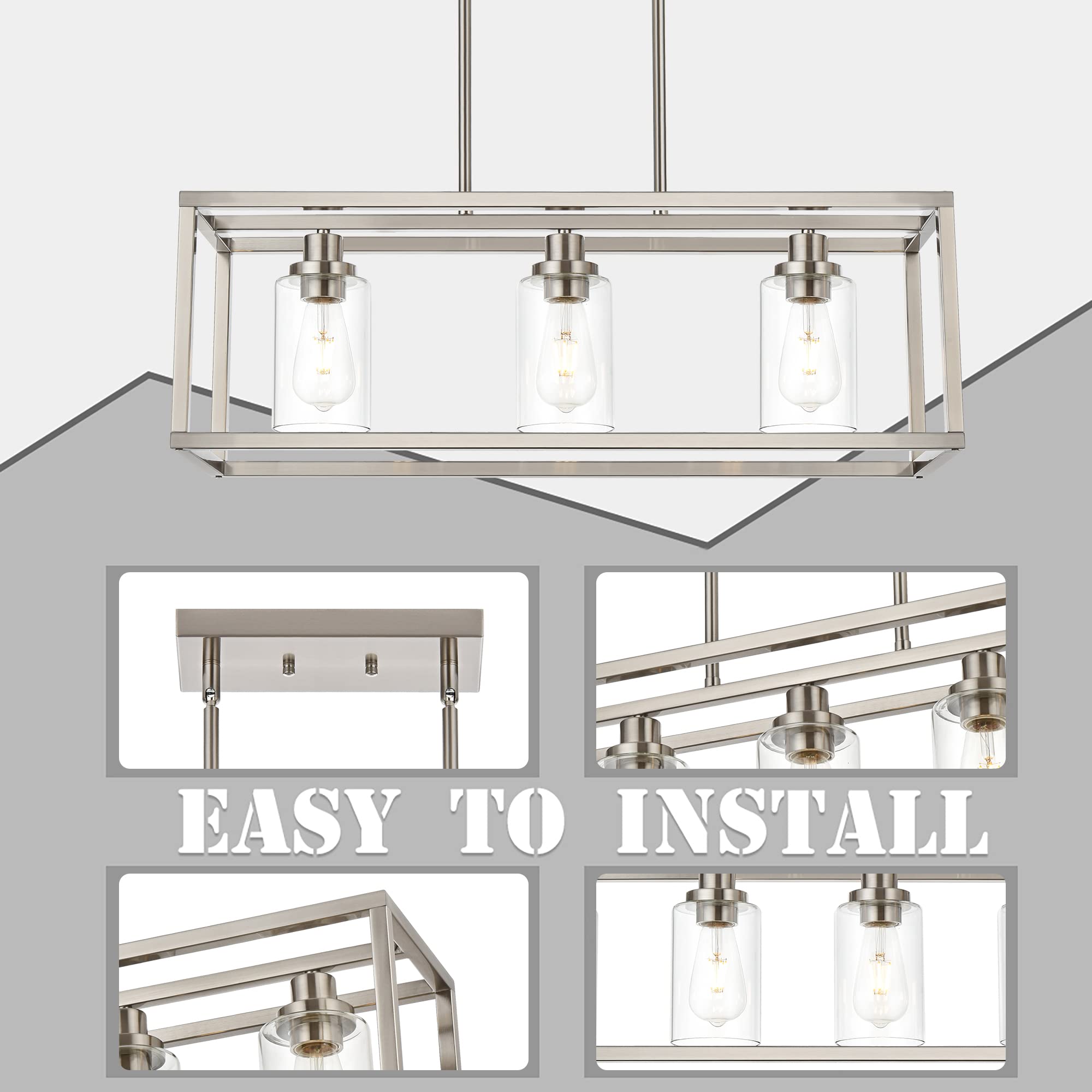 Modern 3-Light Rectangle Chandelier - Brushed Nickel Finish with Clear Glass Shade for Dining Room, Kitchen Island, Hallway & Living Room | Elegant Ceiling Lighting Fixture for Home Decor & Entertaining