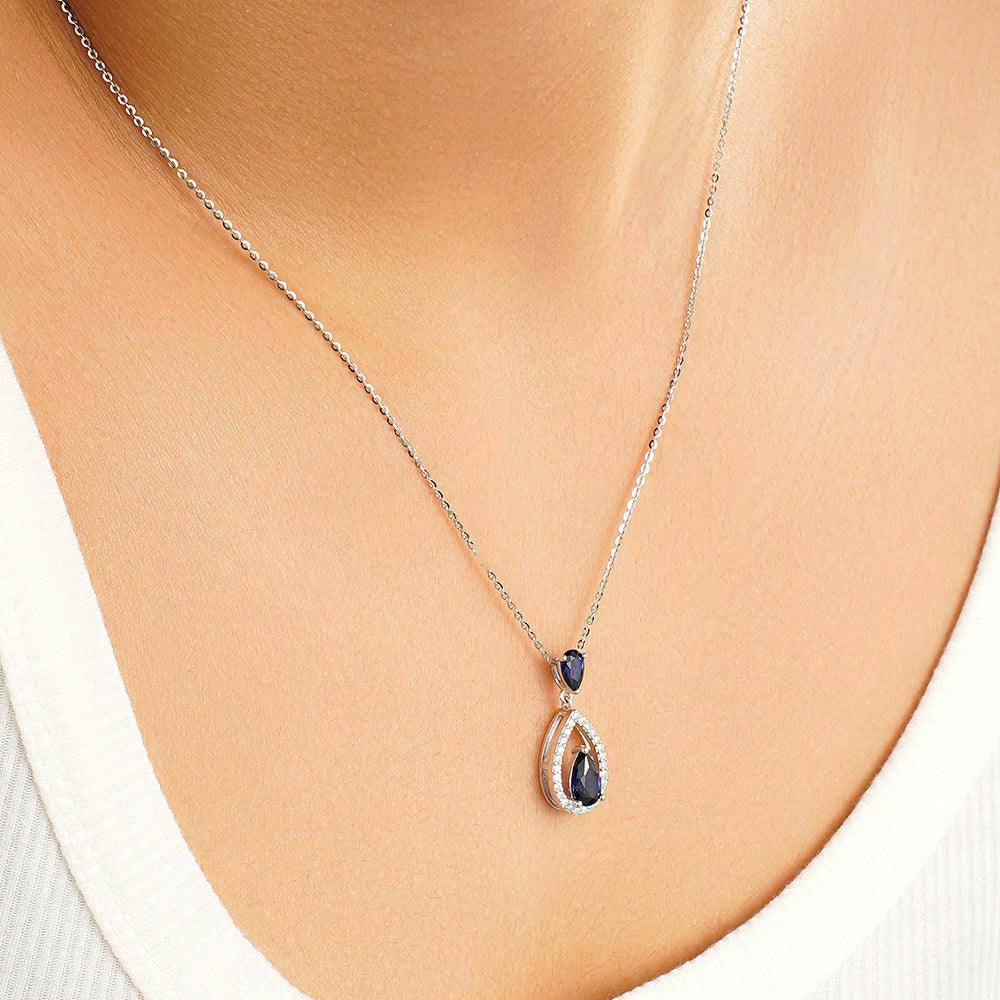 1.64 CT Natural Blue Sapphire & White Sapphire Drop Pendant Necklace - Elegant Dangling Jewelry for Women, Perfect for Weddings, Parties & Special Occasions