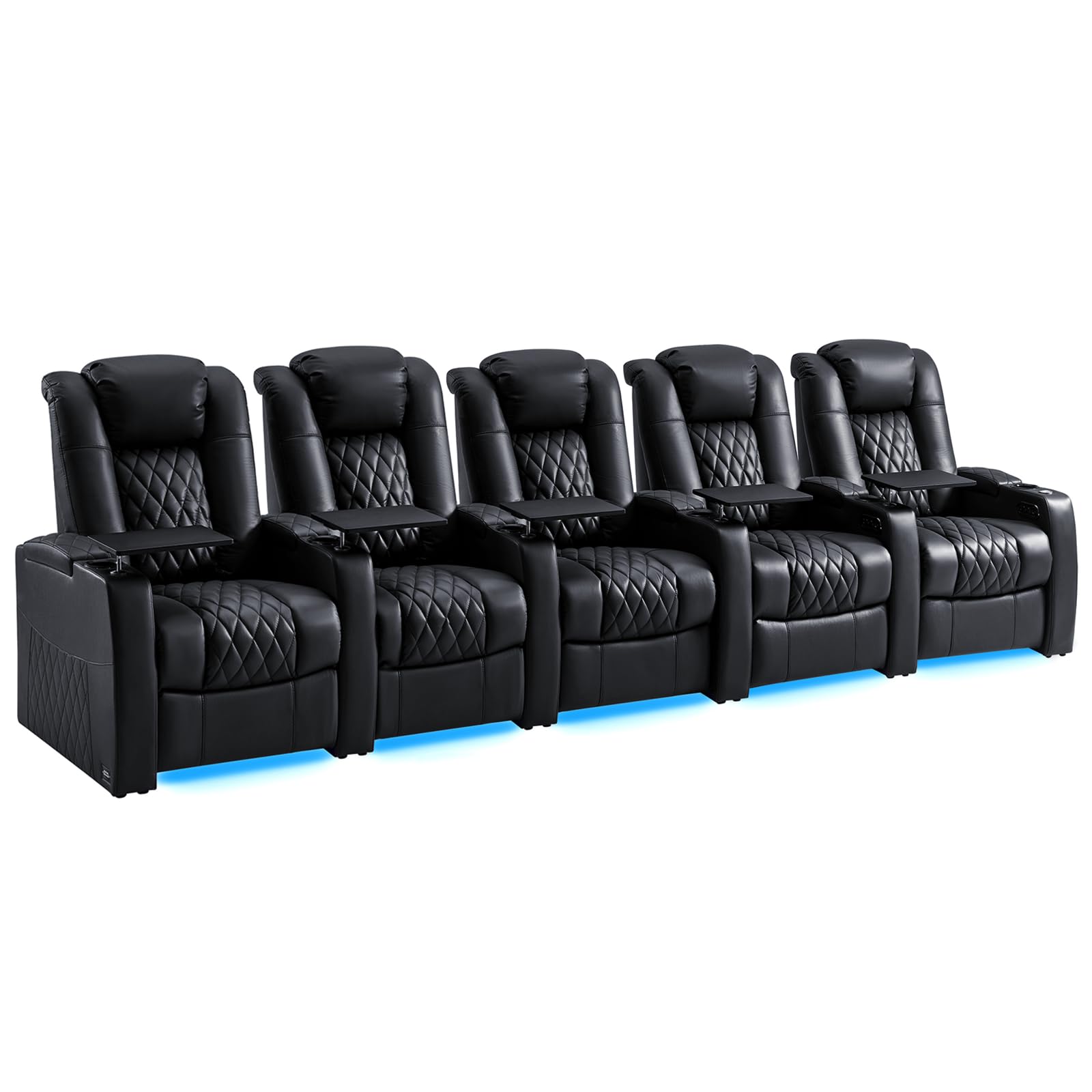 Premium Home Theater Seating Set - 5 Top Grain Nappa Leather Power Recliners with Dual Electric Headrest, Tray Table & USB Charger for Ultimate Movie & Gaming Experience - Luxury Cinema Sofa for Family Entertainment Rooms (Black)