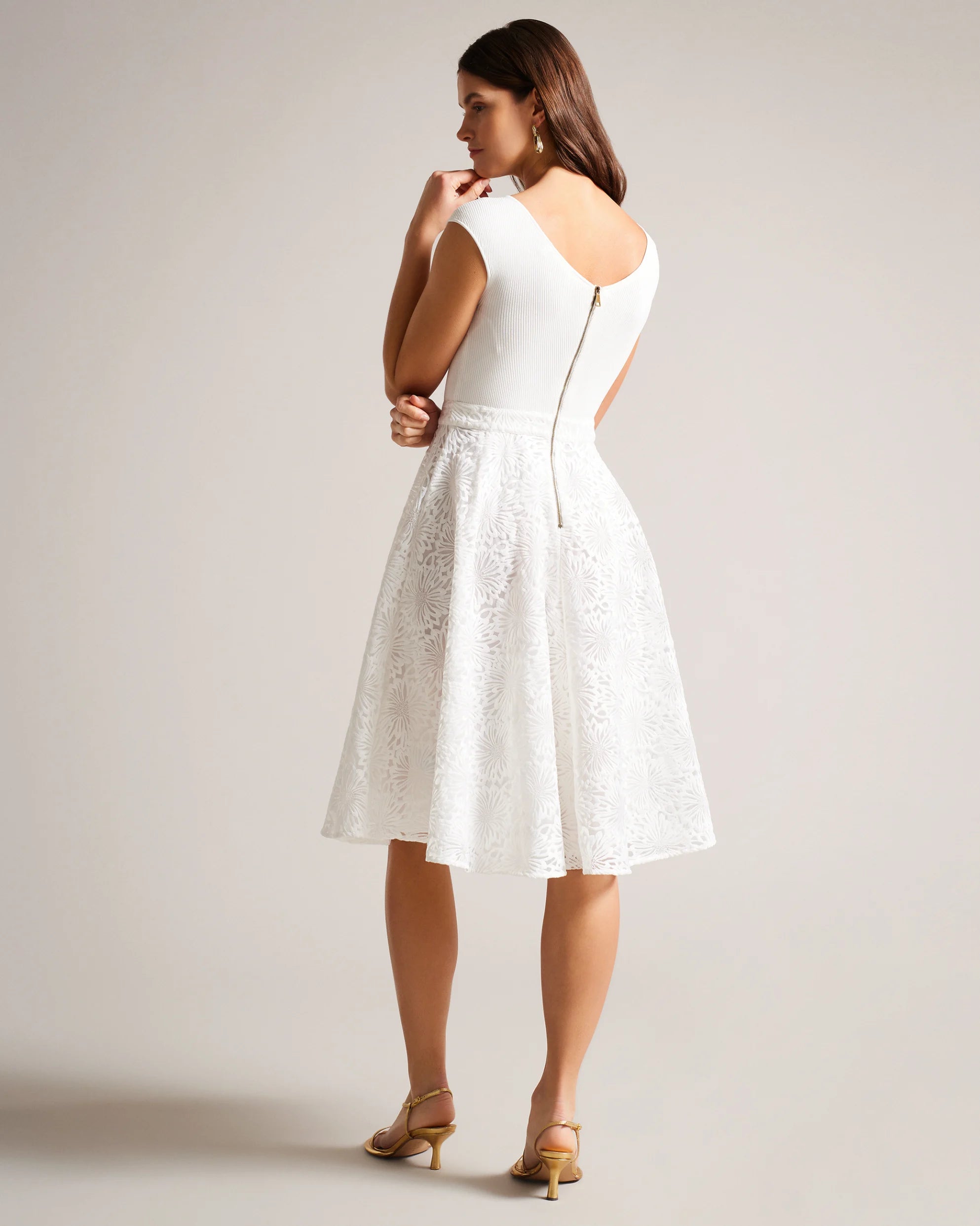 Annikaa Floral Knit Bodice Midi Dress - White | Elegant Summer Wedding Guest Dress & Casual Brunch Outfit