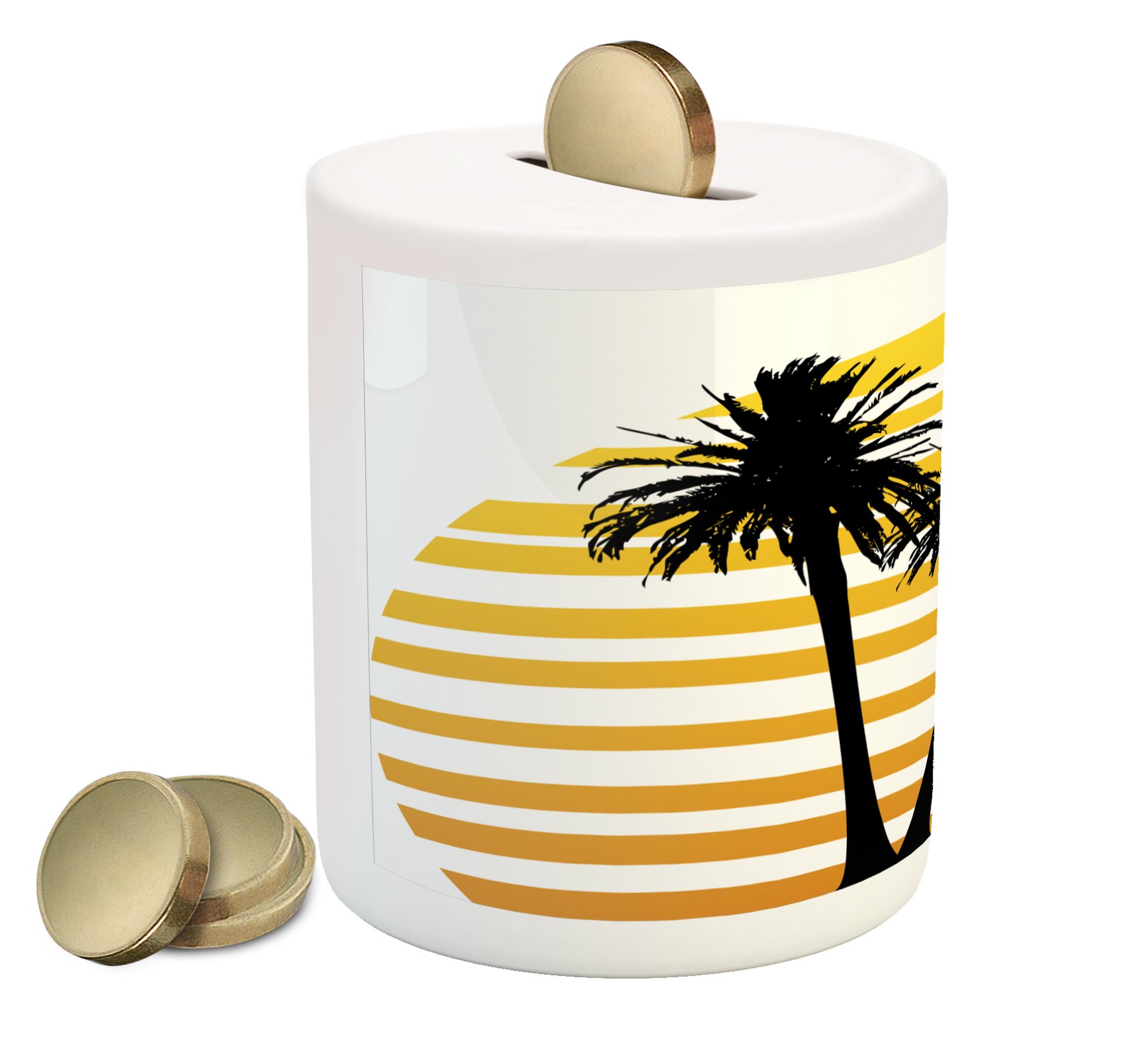 Ambesonne Tropical Piggy Bank - Coconut Palm Trees Design, Ceramic Money Box for Cash Savings, Apricot Yellow & Black | Perfect for Kids' Allowance, Beach-Themed Room Decor, and Summer Holiday Gifts