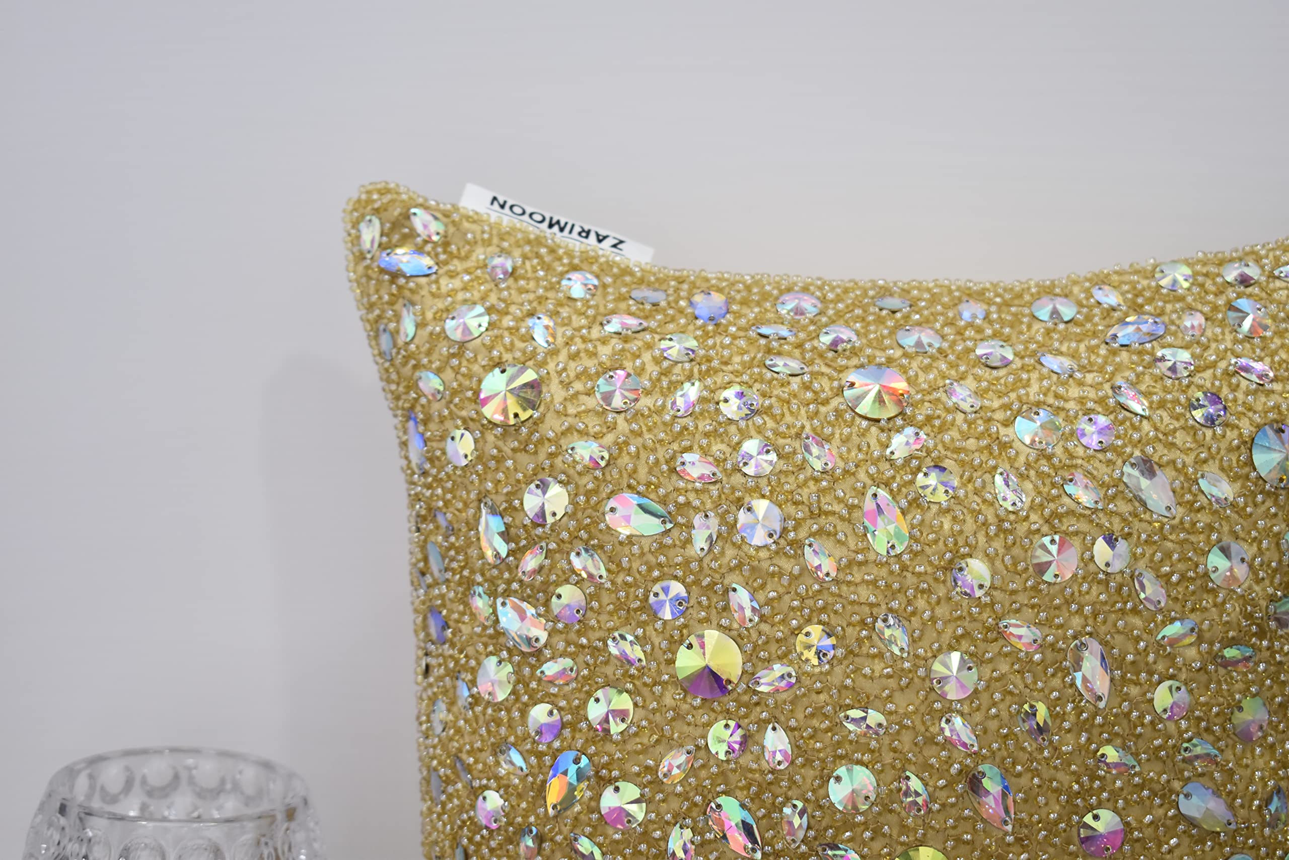 Luxury Gold Handmade Beaded Pillow Cover - 22x22 Inch Embroidered Decorative Throw Pillow for Sofa, Bed & Home Decor - Contemporary Modern Embellished Custom Pillow Case - Perfect for Living Room, Bedroom & Wedding Gifts