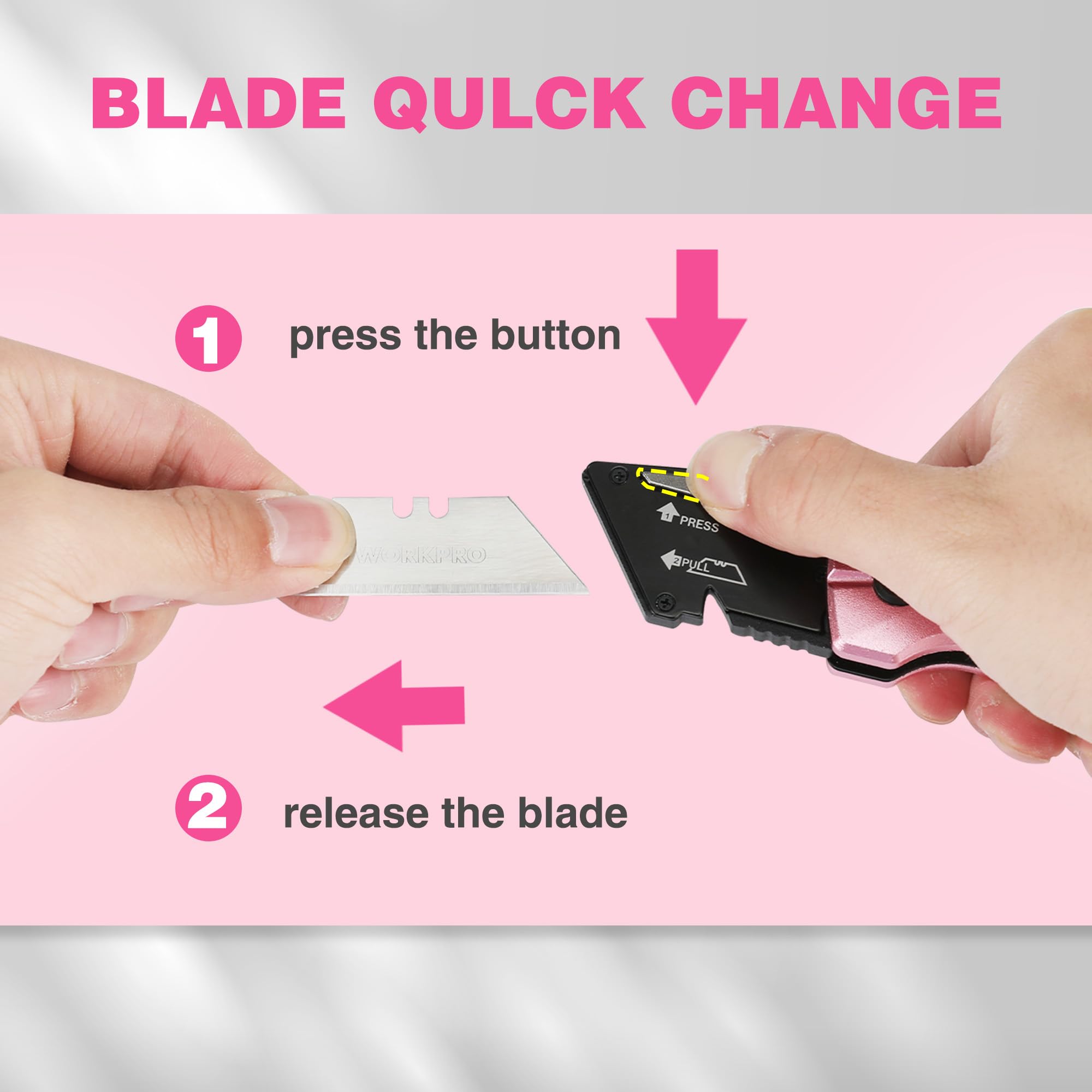 WORKPRO Folding Utility Knife - Quick Change SK5 Box Cutter with Aluminum Handle & 10 Extra Blades - Pink Ribbon Design for Cutting Boxes, Cartons, Cardboard - Perfect for Warehouse, Office, Shipping & Home Use