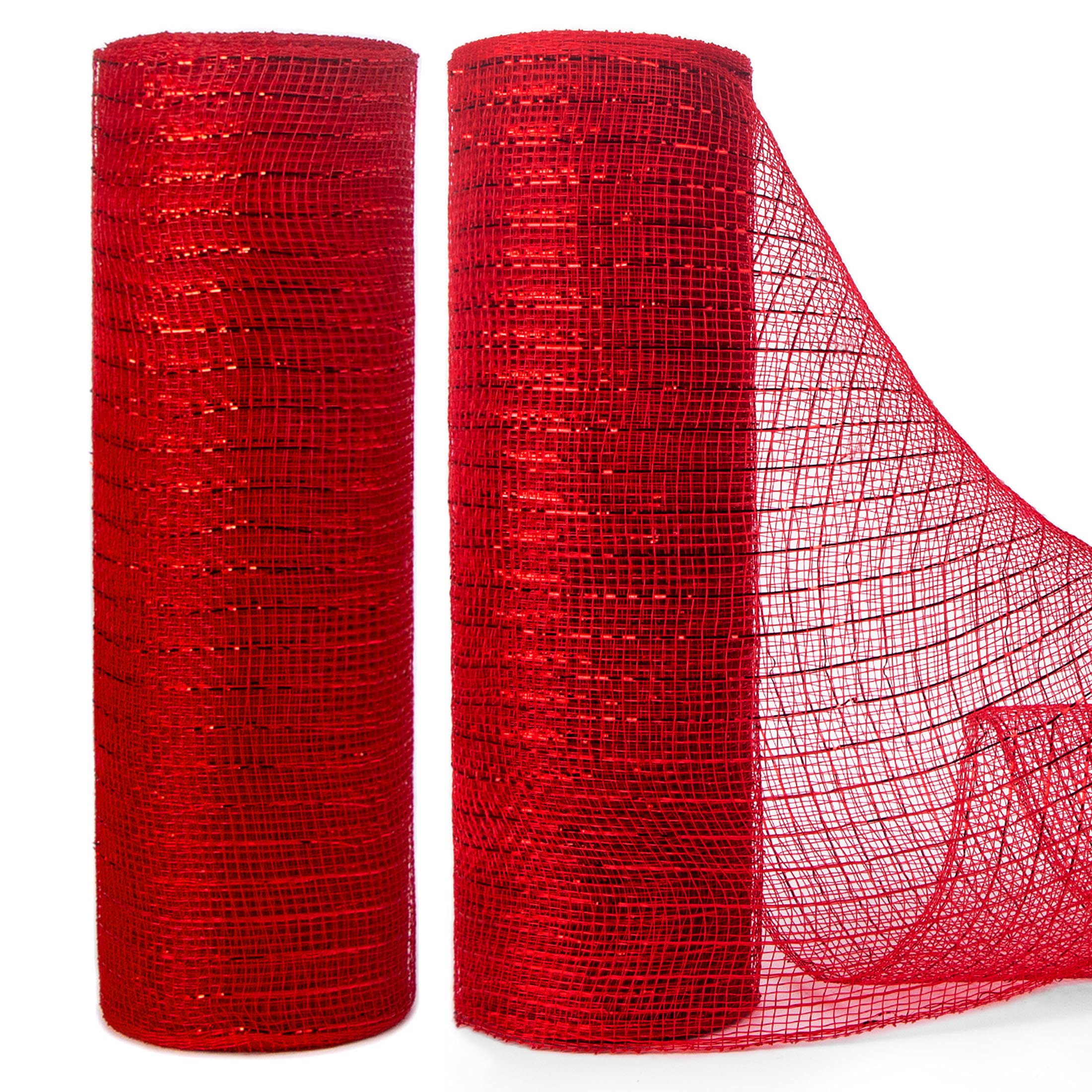 Ribbli 2 Rolls Red Mesh Ribbon - 10 Inch x 30 Feet (10 Yards) Each - Metallic Red with Red Foil - Christmas Wreath & Holiday Decorations Ribbon - Perfect for Gift Wrapping, Tree Decor, and Party Decorations