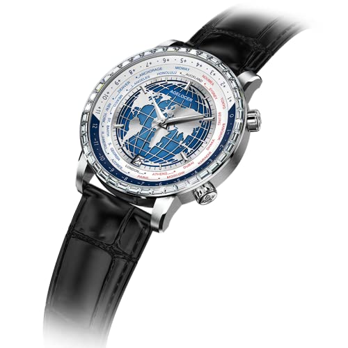 AGELOCER Men's Automatic Mechanical Watch - Blue Planet Design, Sapphire Crystal, Genuine Leather Strap, World Time Function | Perfect for Business, Formal Occasions & Everyday Wear