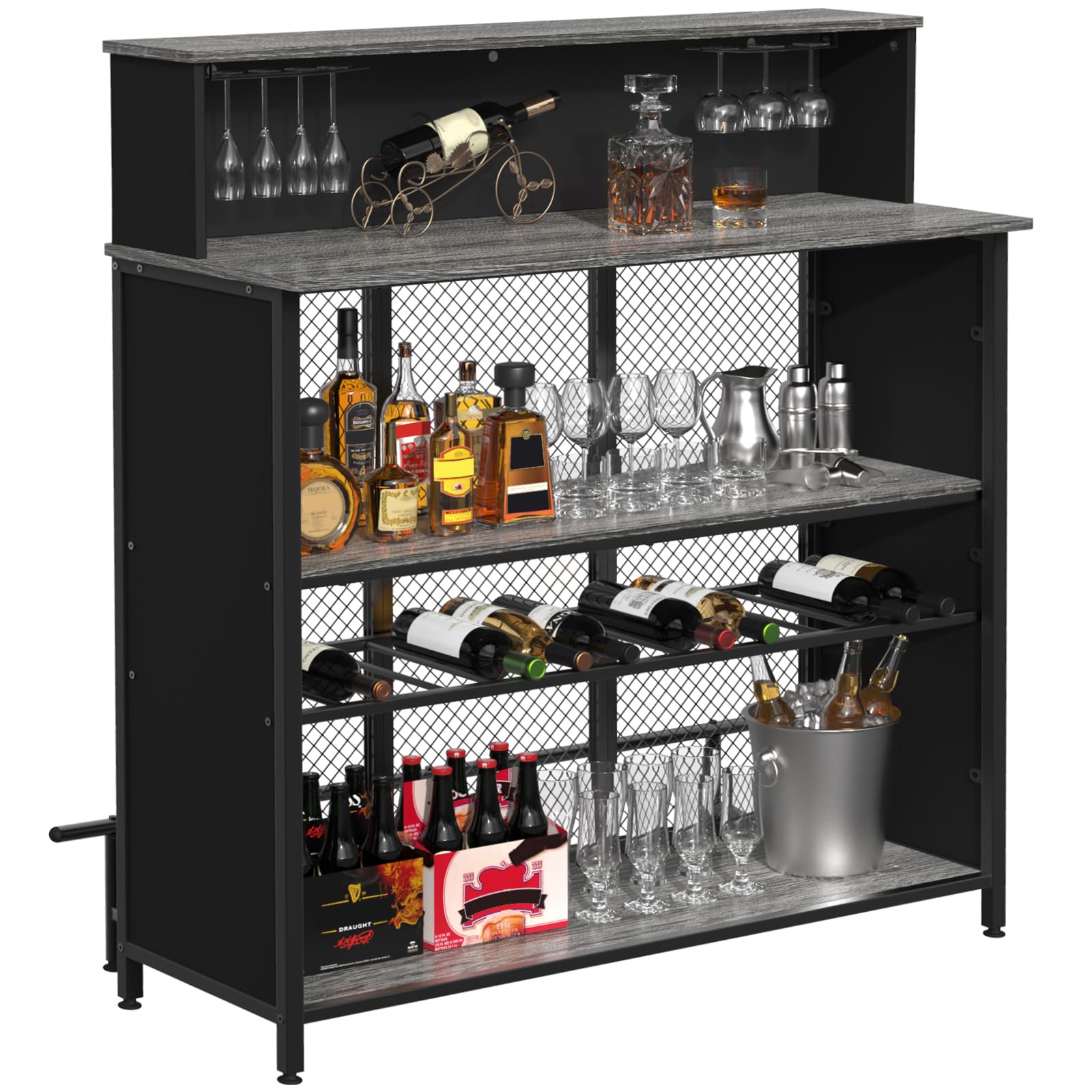 GDLF Home Bar Unit - Mini Bar Liquor Cabinet with Storage & Footrest for Kitchen, Pub, Living Room - Space-Saving Grey Bar Furniture for Small Spaces & Entertaining