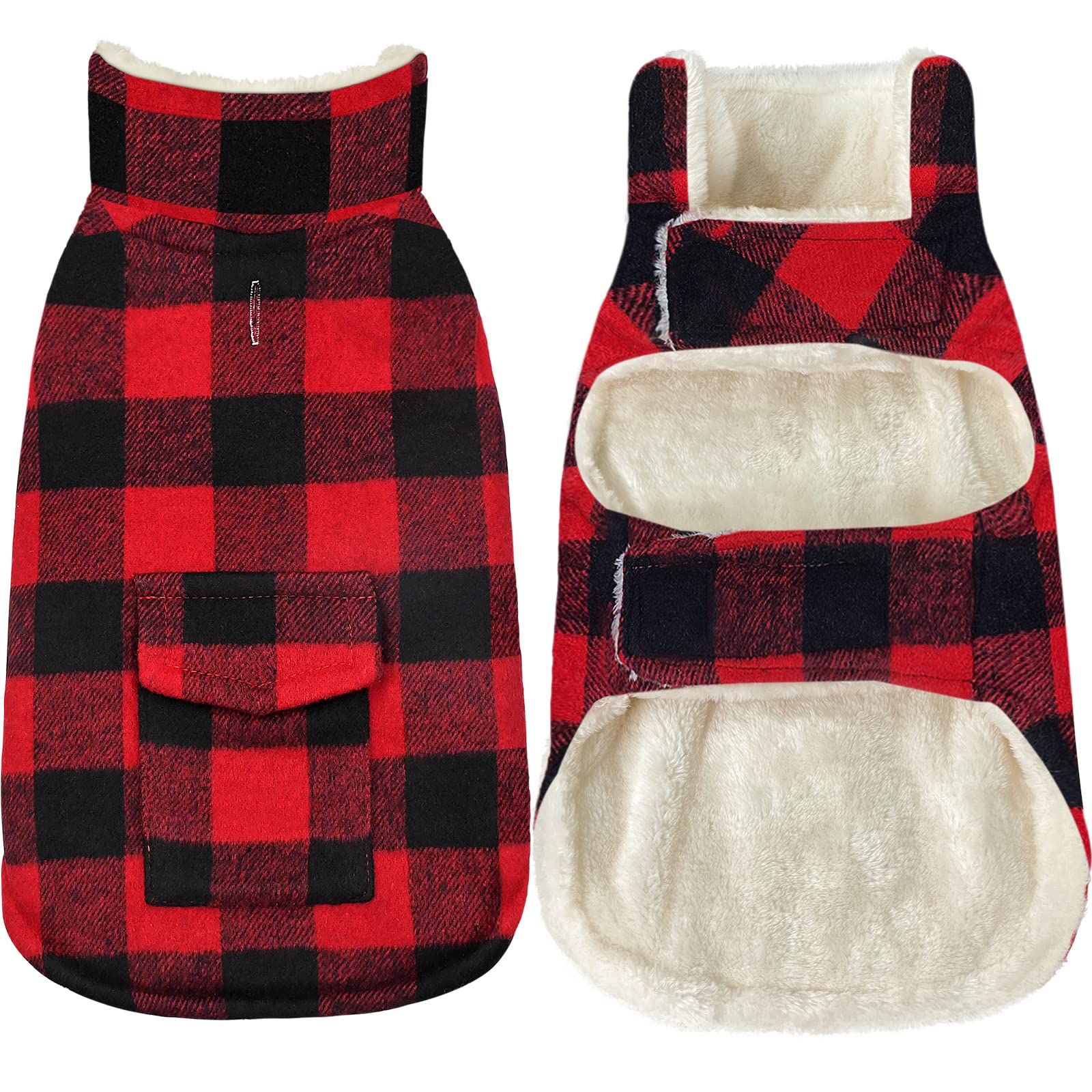 Malier Classic Plaid Fleece Dog Winter Coat - Windproof Warm Pet Jacket with Pocket for Small Medium Large Dogs (Red, Large) | Cold Weather Apparel for Outdoor Walks & Winter Adventures