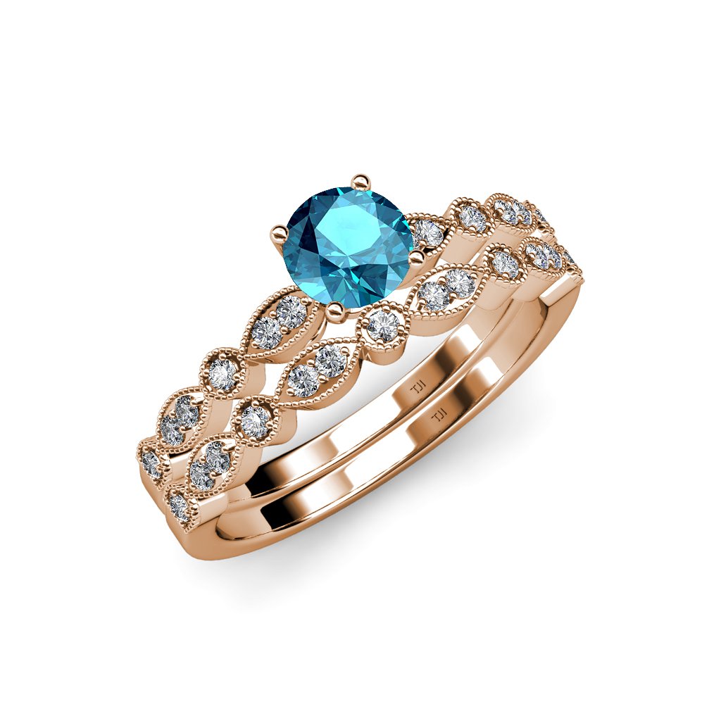 1.30ctw London Blue Topaz & Diamond Marquise Engagement Ring & Wedding Band Set in 14K Rose Gold - Perfect for Proposals, Anniversaries & Bridal Jewelry