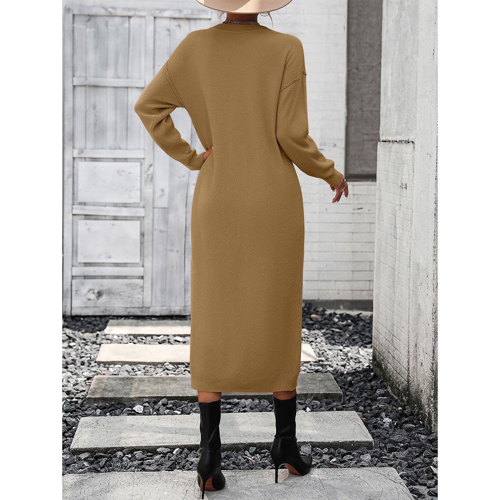 Women's Oversized V-Neck Button Long Sleeve Sweater Dress - Casual Loose Waffle Knit Maxi Pullover for Fall Winter Fashion | Perfect for Office, Date Night & Cozy Home Wear