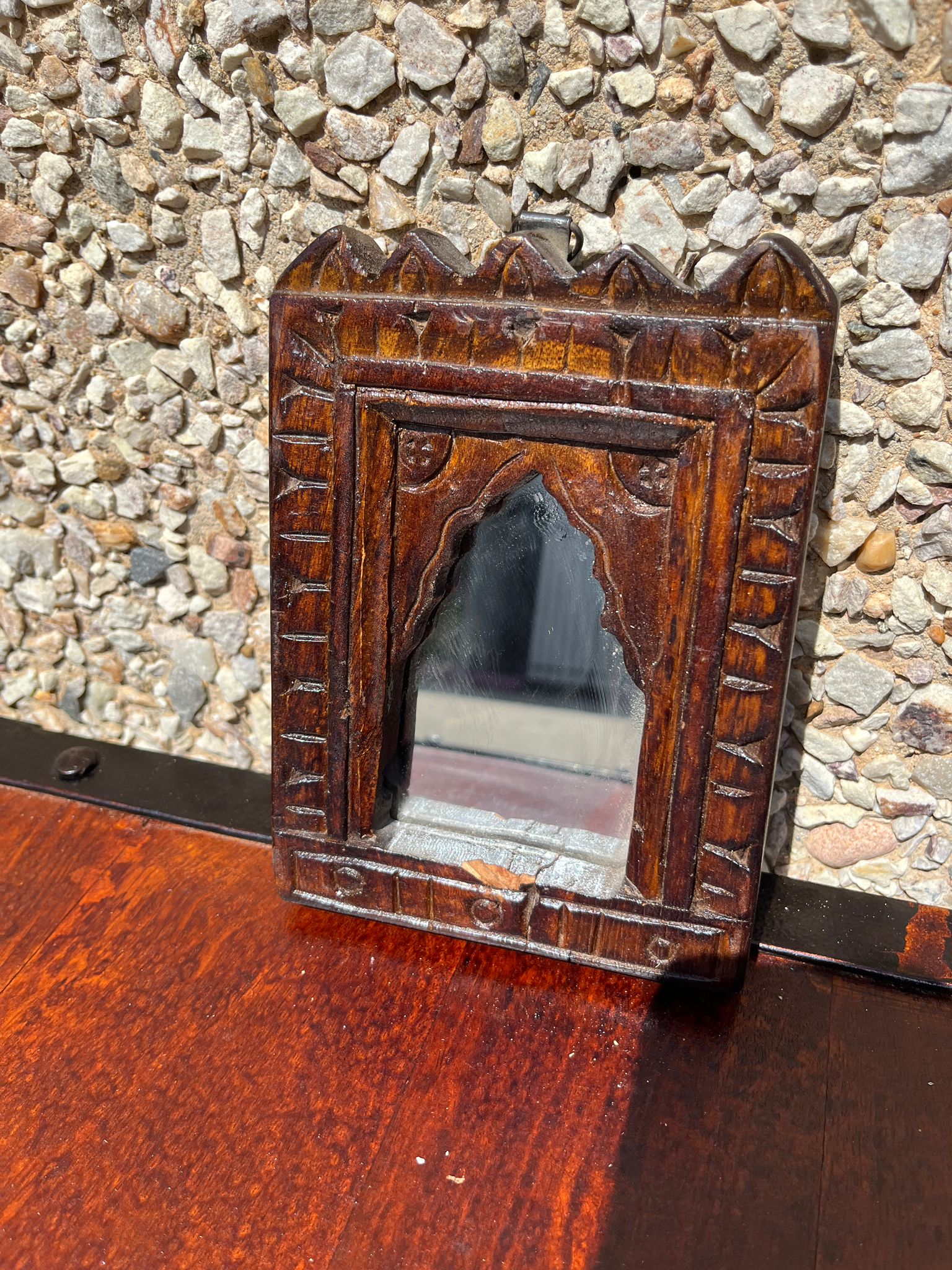 Hand Carved Indian Solid Wood Temple Mirror - Brown 112 - Elegant Wall Decor for Living Room, Bedroom & Meditation Space
