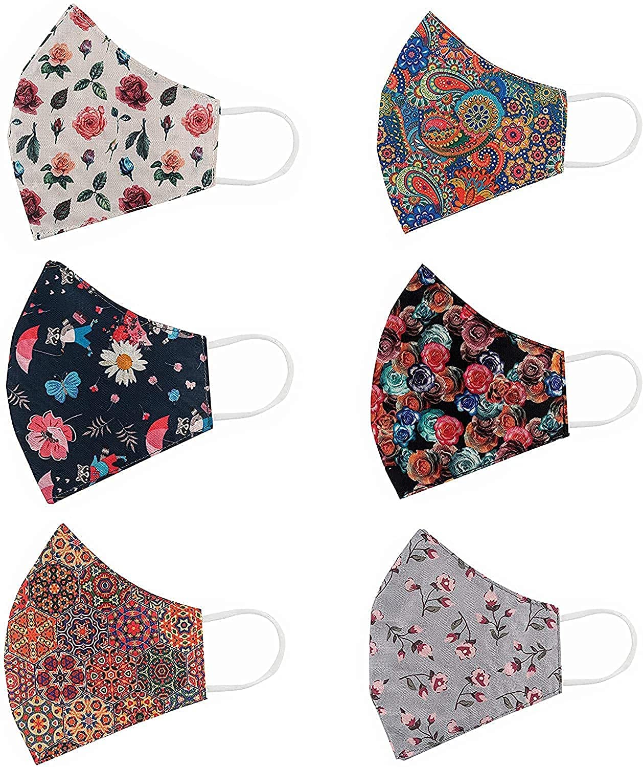 SAJANI 100% Cotton Face Mask for Women - 3-Layer Breathable, Washable & Comfortable Fabric - Lightweight Multi-Printed Reusable Masks (Pack of 6) - Perfect for Daily Use, Travel, Work & Outdoor Activities