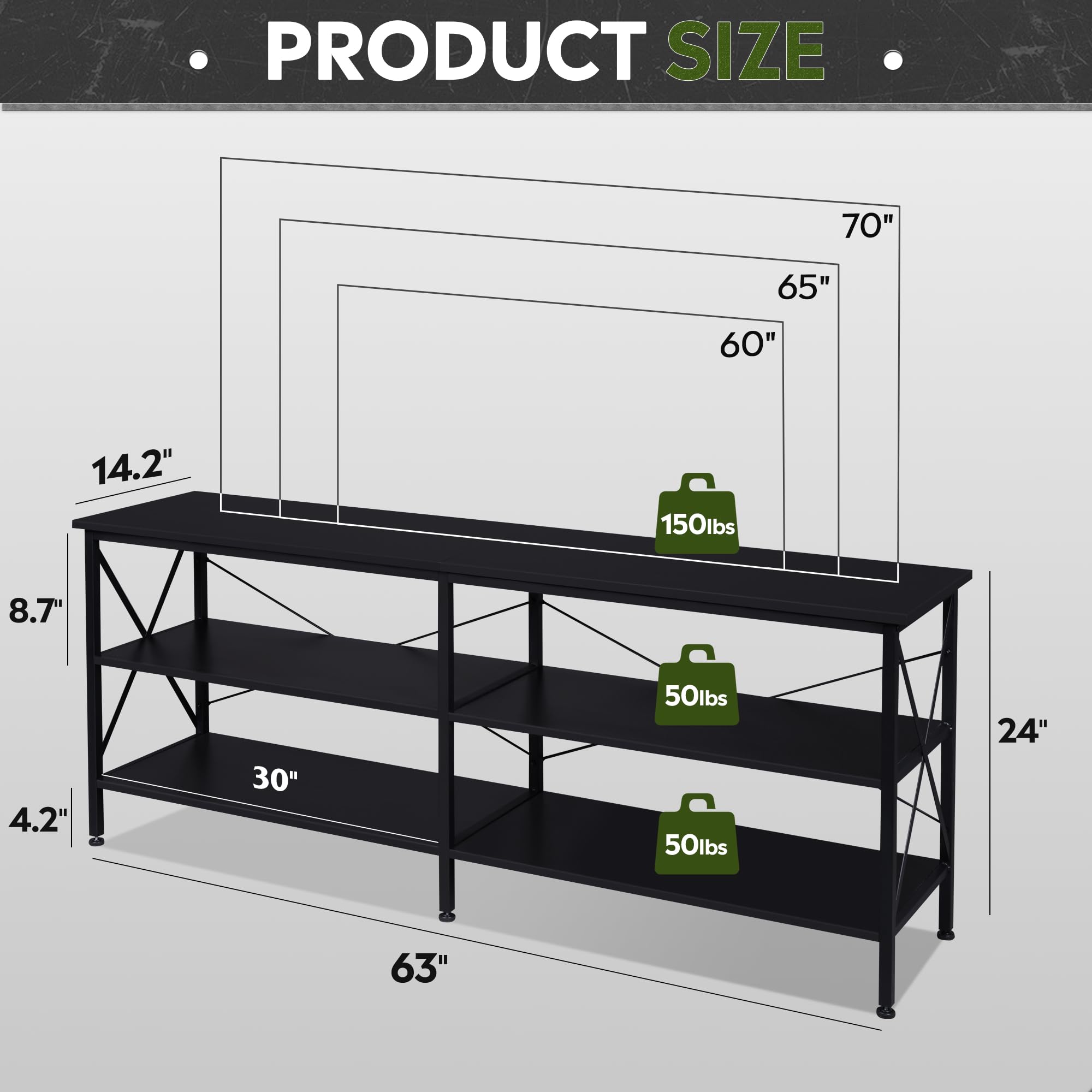 WLIVE 70 Inch TV Stand with 3-Tier Storage Shelves - Black Entertainment Center for Living Room & Bedroom - Perfect for 55-70 Inch Flat Screen TVs, Gaming Consoles & Media Storage