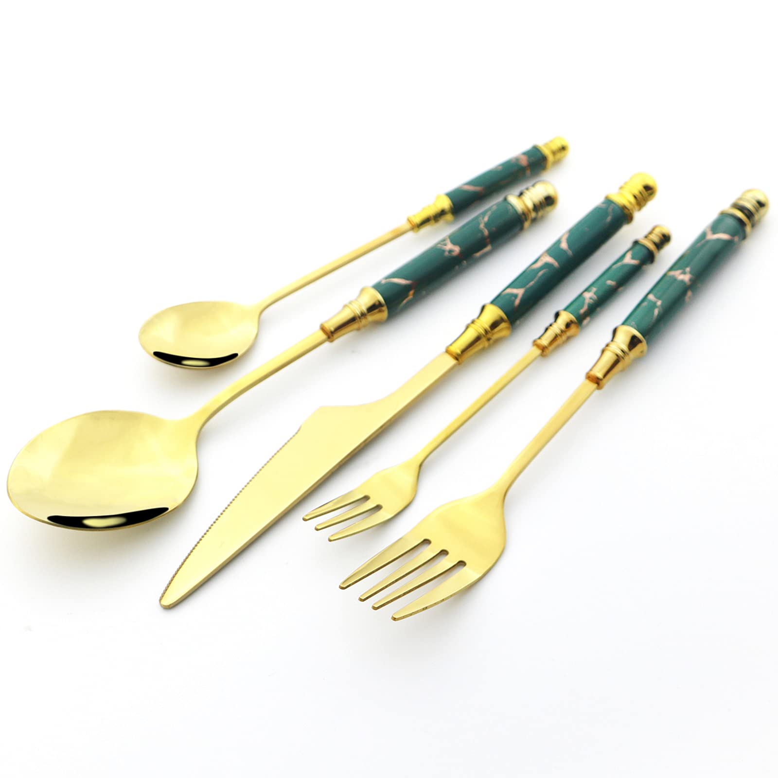 5-Piece Flatware Set with Green Marble Plastic Handle - Mirror Polished Gold Silverware (Knife, Spoon, Fork) - Elegant Tableware for Party, Wedding, Restaurant & Home Dining - Perfect for Formal Dinners, Catering Events & Everyday Use