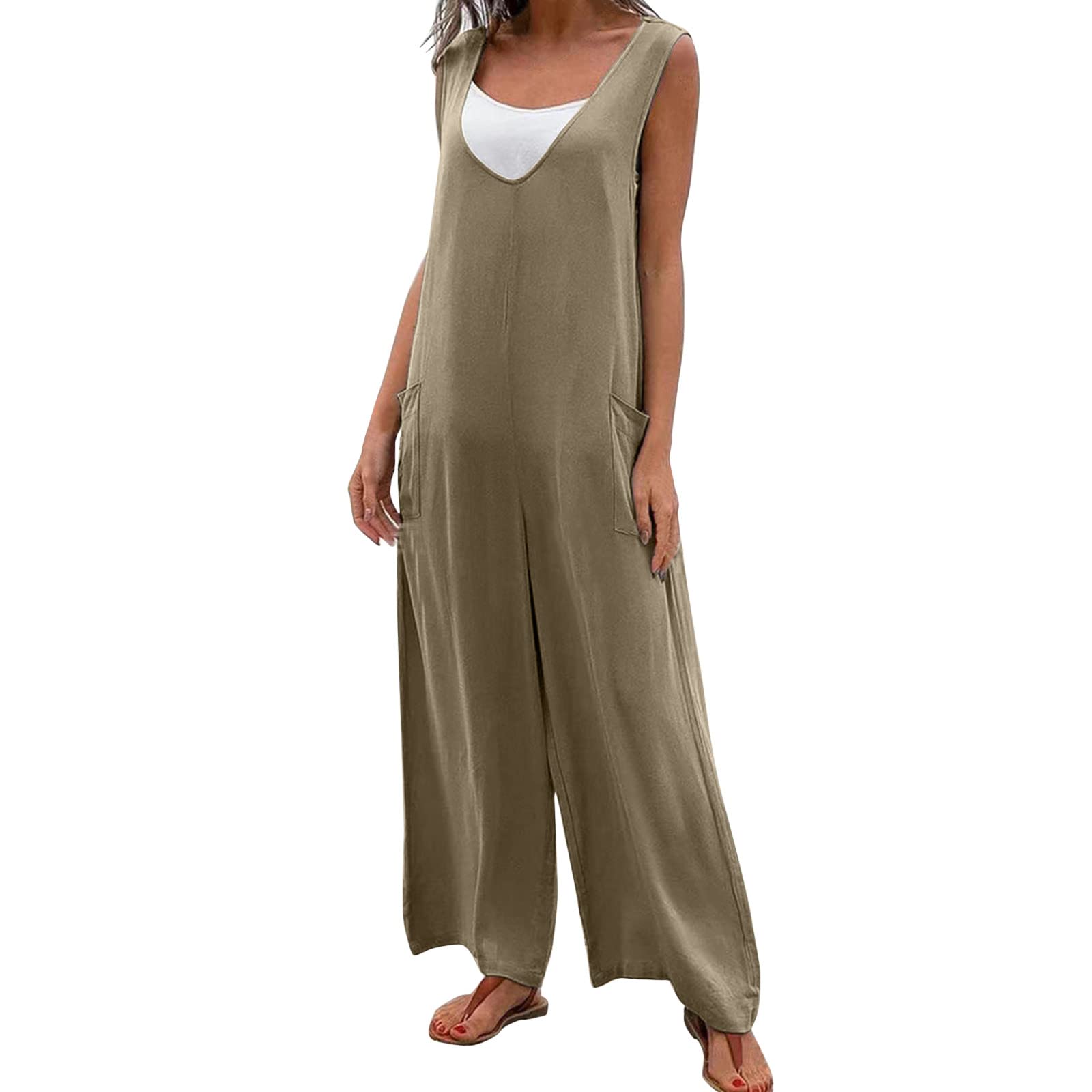 Women's Sleeveless V-Neck Wide Leg Romper Jumpsuit - Summer Casual Loose Fit Comfortable Baggy Tank Top Outfit for Beach, Vacation & Streetwear