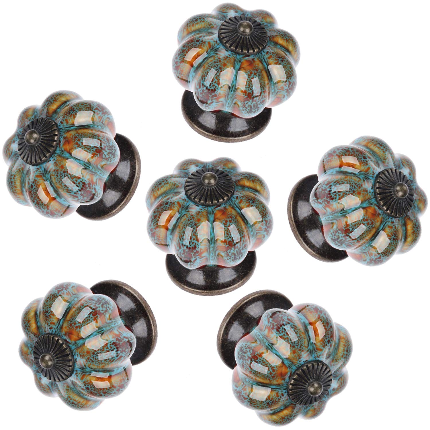 6Pcs Blue Vintage Ceramic Drawer Pulls with Leopard Print - Pumpkin Knobs for Cupboard, Dresser, Bathroom Wardrobe & Closet - Perfect for Home Decor and DIY Furniture Upgrade