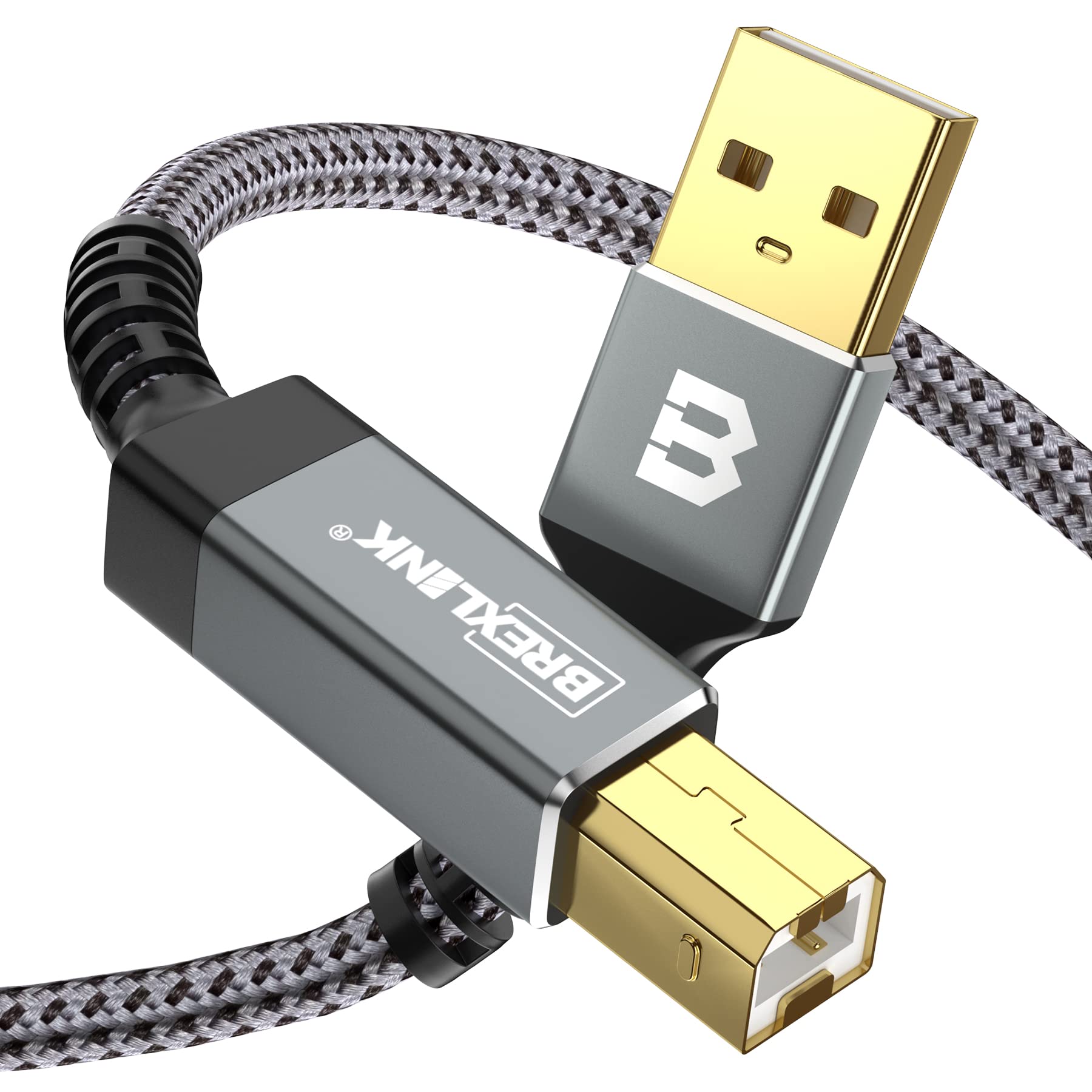 BrexLink 10ft USB 2.0 Printer Cable - A-Male to B-Male High Speed Scanner Fax Cord with Durable Nylon Braiding | Compatible with HP, Canon, Dell, Epson, Lexmark, Xerox, Samsung Printers (Grey) | Perfect for Home Office, Small Business & Professional Printing Needs
