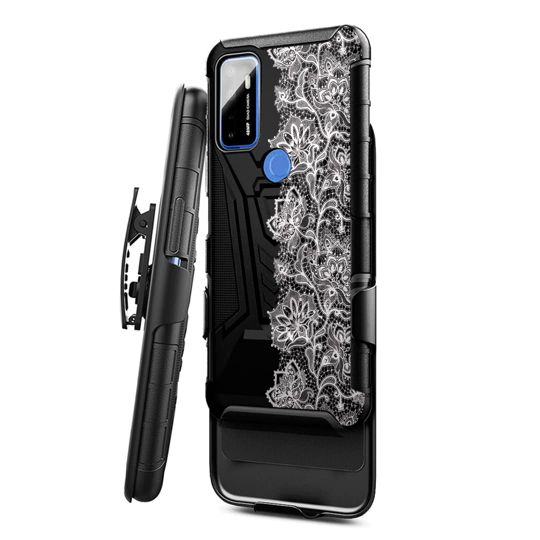 Military Shockproof Phone Case with Kickstand & Belt Clip - Compatible with Cricket Dream 5G & AT&T Radiant Max 5G | Heavy Duty Black Lace Cover for Protection & Convenience | Perfect for Outdoor, Work & Active Lifestyles