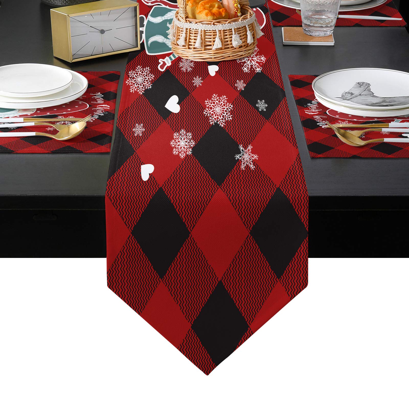 ARTSHOWING Christmas Gnome Table Runner Set - 6-Piece Non-Slip Placemats & Festive Holiday Decor for Dining Table, Kitchen, Coffee Table or TV Stand (13x90 Inch, Snowflake Buffalo Plaid) - Perfect for Christmas Parties, Winter Home Decor & Seasonal Tablescapes