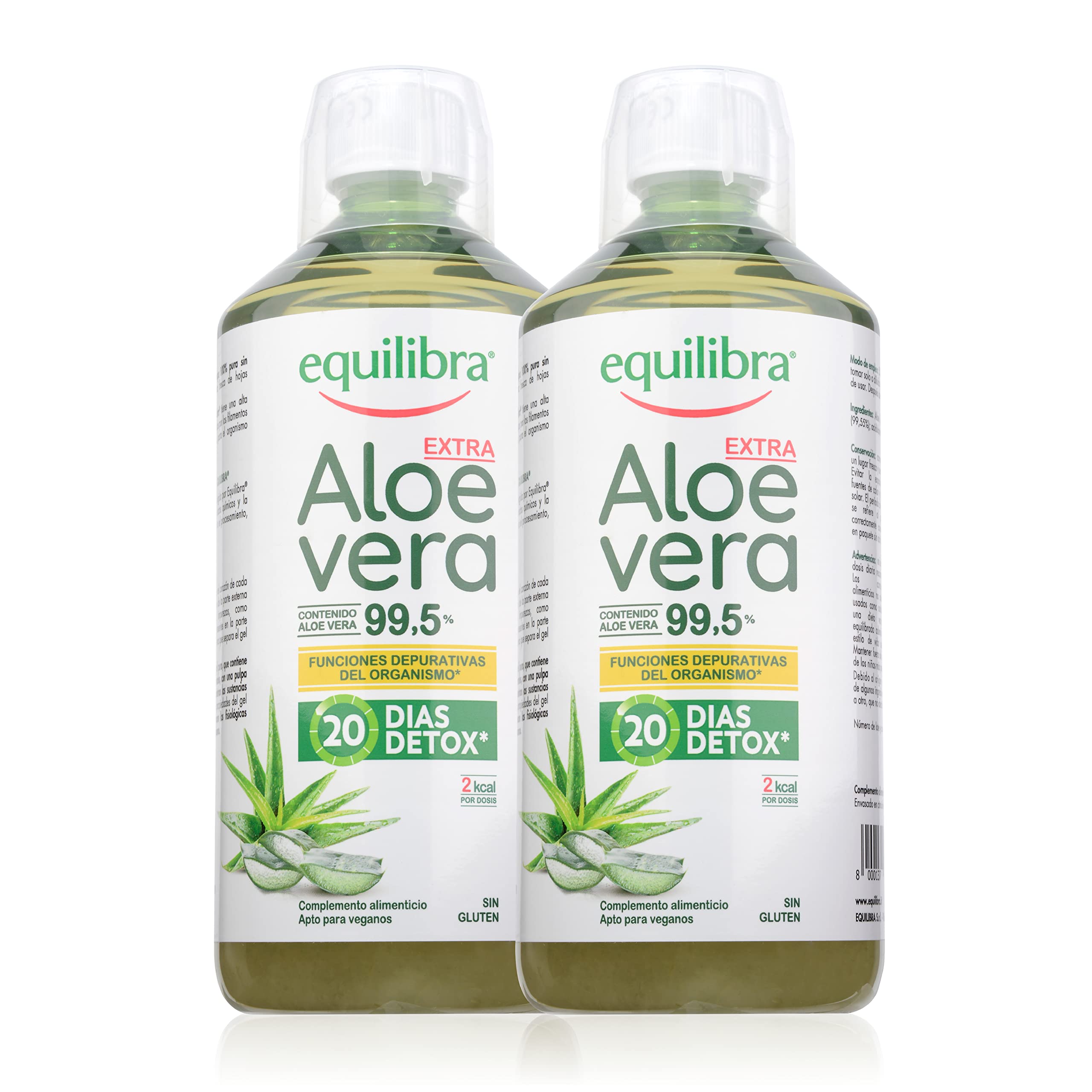 Equilibra 99.5% Pure Aloe Vera Juice Supplement for Detox & Digestion - Vegan, Gluten-Free, No Aloin, No Added Water - 2 x 1L Bottles (Perfect for Daily Wellness & Skin Health)