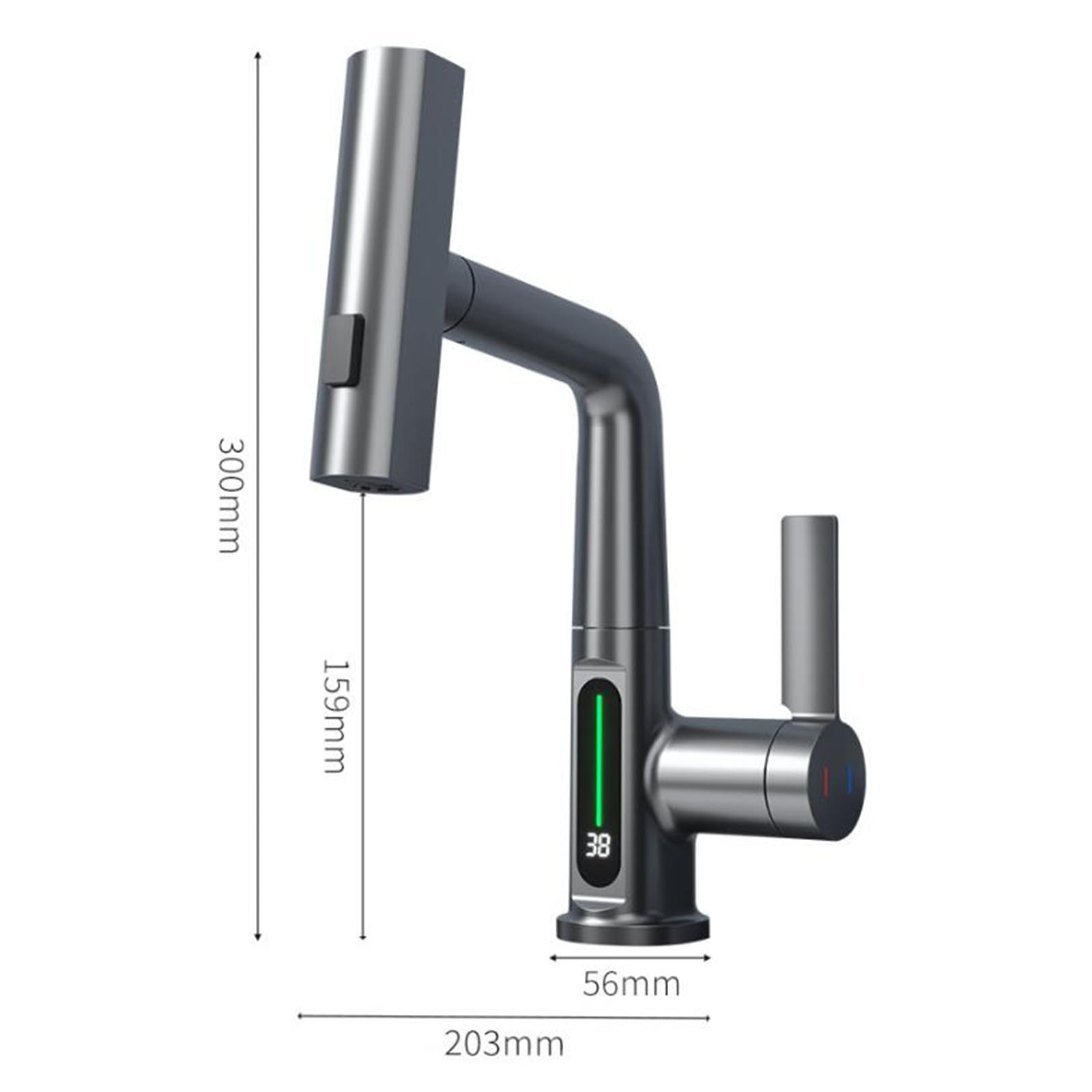 Brass Pull-Out Spray Bathroom Sink Faucet - Grey Mixer Tap with Hot & Cold Water Control - Perfect for Modern Bathrooms & Powder Rooms
