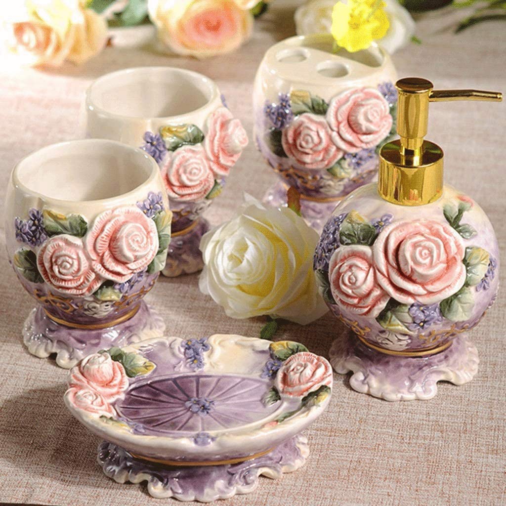 5-Piece Ceramic Bathroom Accessory Set - Rose Carving Soap Dispenser, Toothbrush Holder, Tumbler & Soap Dish | Elegant Home Decor for Bathroom Countertop | Perfect Housewarming Gift for Women & Bridal Shower