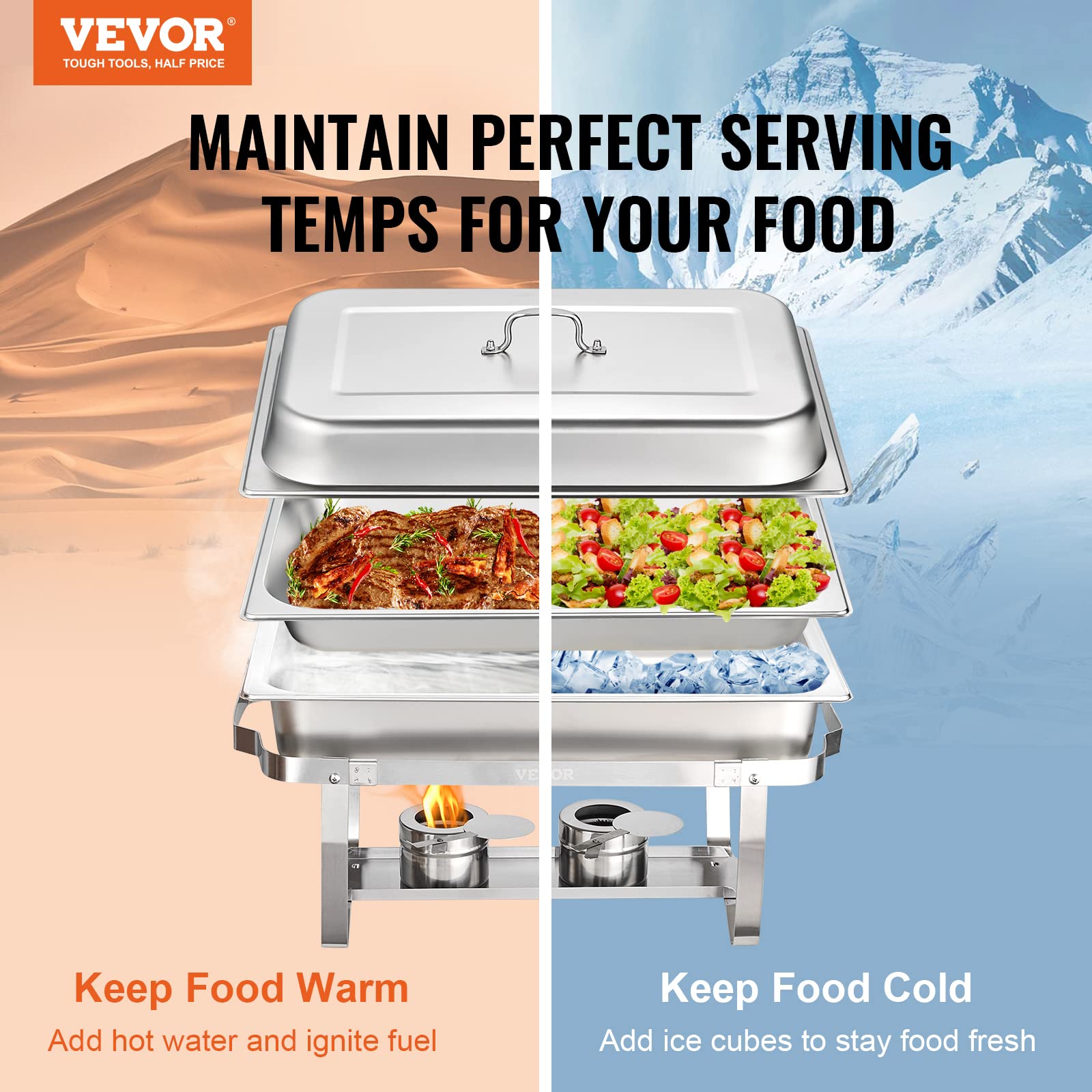 Stainless Steel 8 Qt Chafing Dish Buffet Set (2 Pack) - Includes 2 Full & 4 Half Size Pans, Rectangle Catering Warmer with Lid, Water Pan, Folding Stand, Fuel Tray & Holder Clip - Perfect for Buffets, Catering Events & Party Food Serving