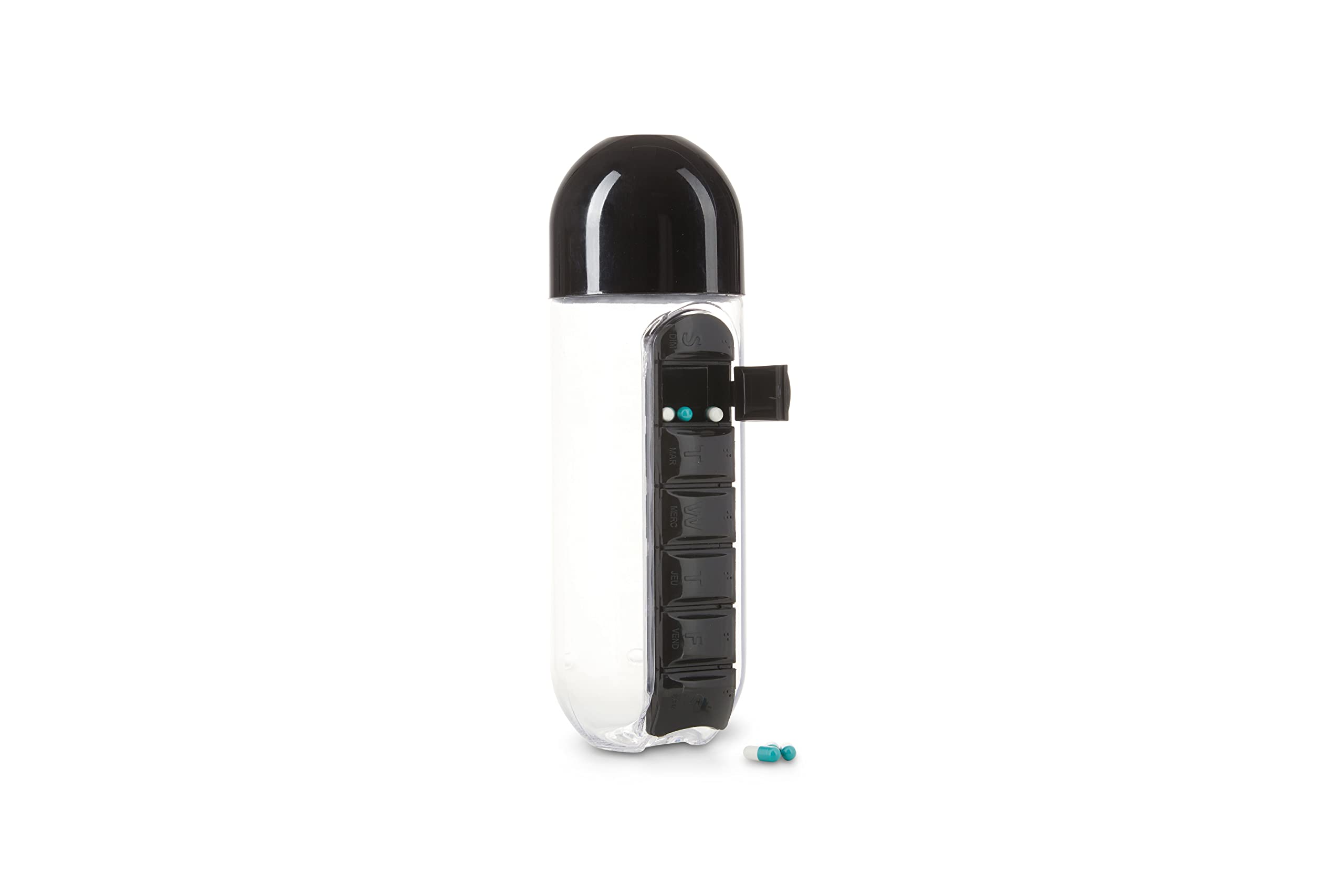 Urban Essentials Water Bottle with Built-in Pill Organizer - Portable BPA-Free Plastic Bottle with Daily Pill Box & Free Pill Keychain - Perfect for Travel, Gym, and Daily Hydration (Black)