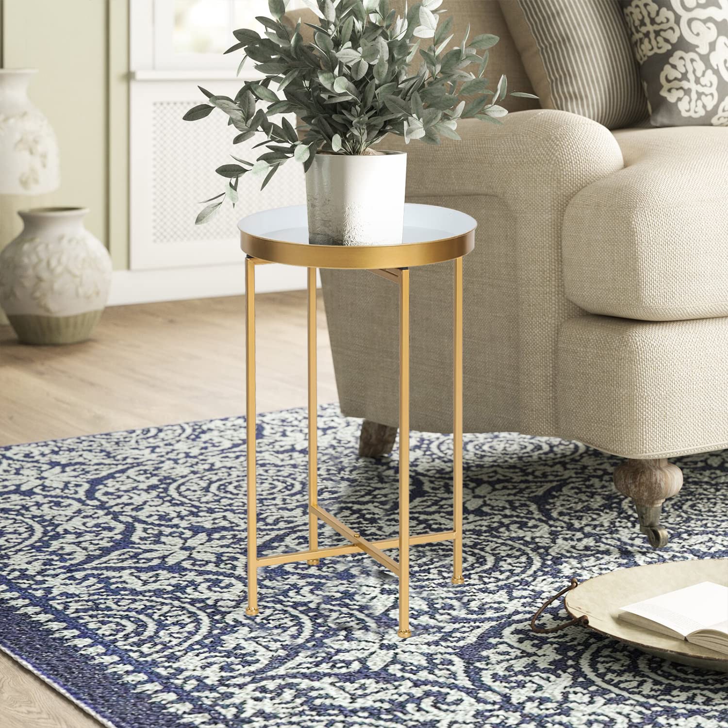 Adeco Modern Round Side End Accent Table - 25.7 Inch Tall Living Room Table with Gold Base & White Tray - Perfect for Sofa Side Table, Bedroom Nightstand, or Lounge Decor