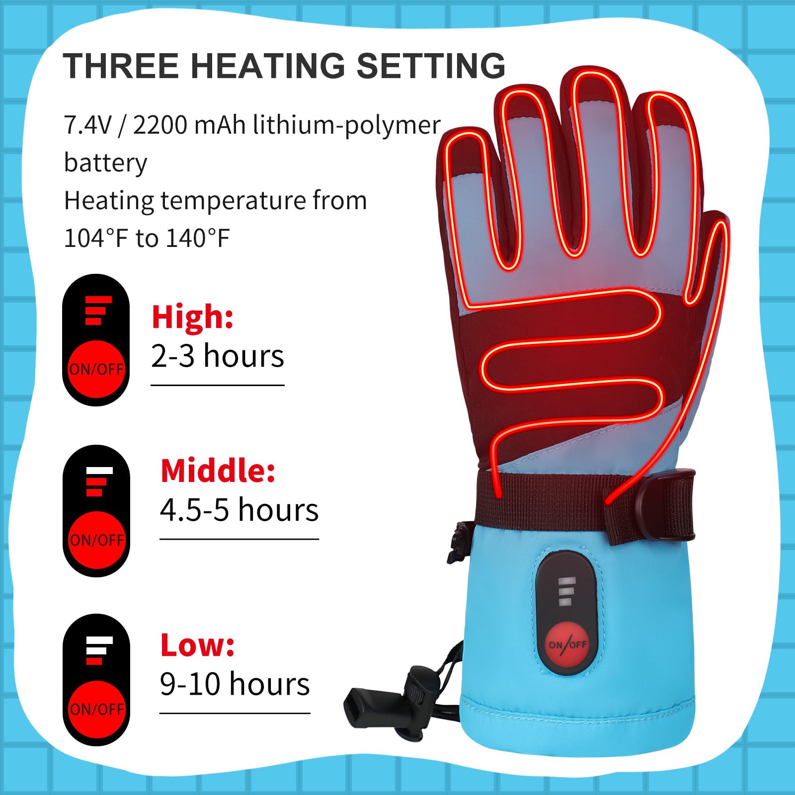 Kids Heated Gloves - Rechargeable Battery Winter Gloves with 3 Heat Settings, Waterproof & Windproof for Skiing, Snowboarding, Cycling - Perfect for Cold Weather Outdoor Activities & Winter Sports Gifts