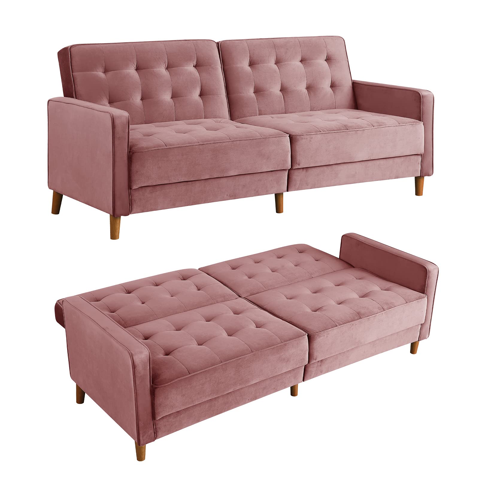 78-inch Velvet Futon Sofa Bed - Modern Convertible Sleeper Sofa with 3 Adjustable Backrest Angles, Small Loveseat Recliner with 6 Wooden Legs for Living Room, Bedroom & Small Spaces (Pink) - Perfect for Apartments, Guest Rooms and Home Offices